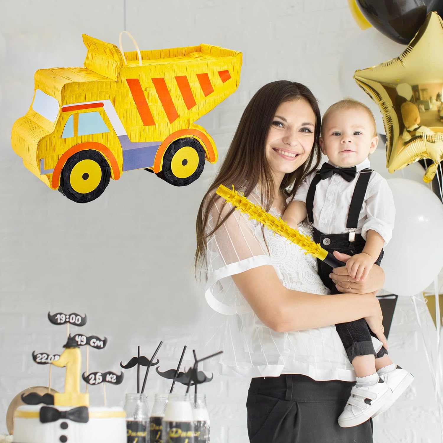 Piñata de camión volquete para niños, suministros de fiesta de cumpleaños, recuerdos de fiesta de construcción, palito de piñata y confeti vendado