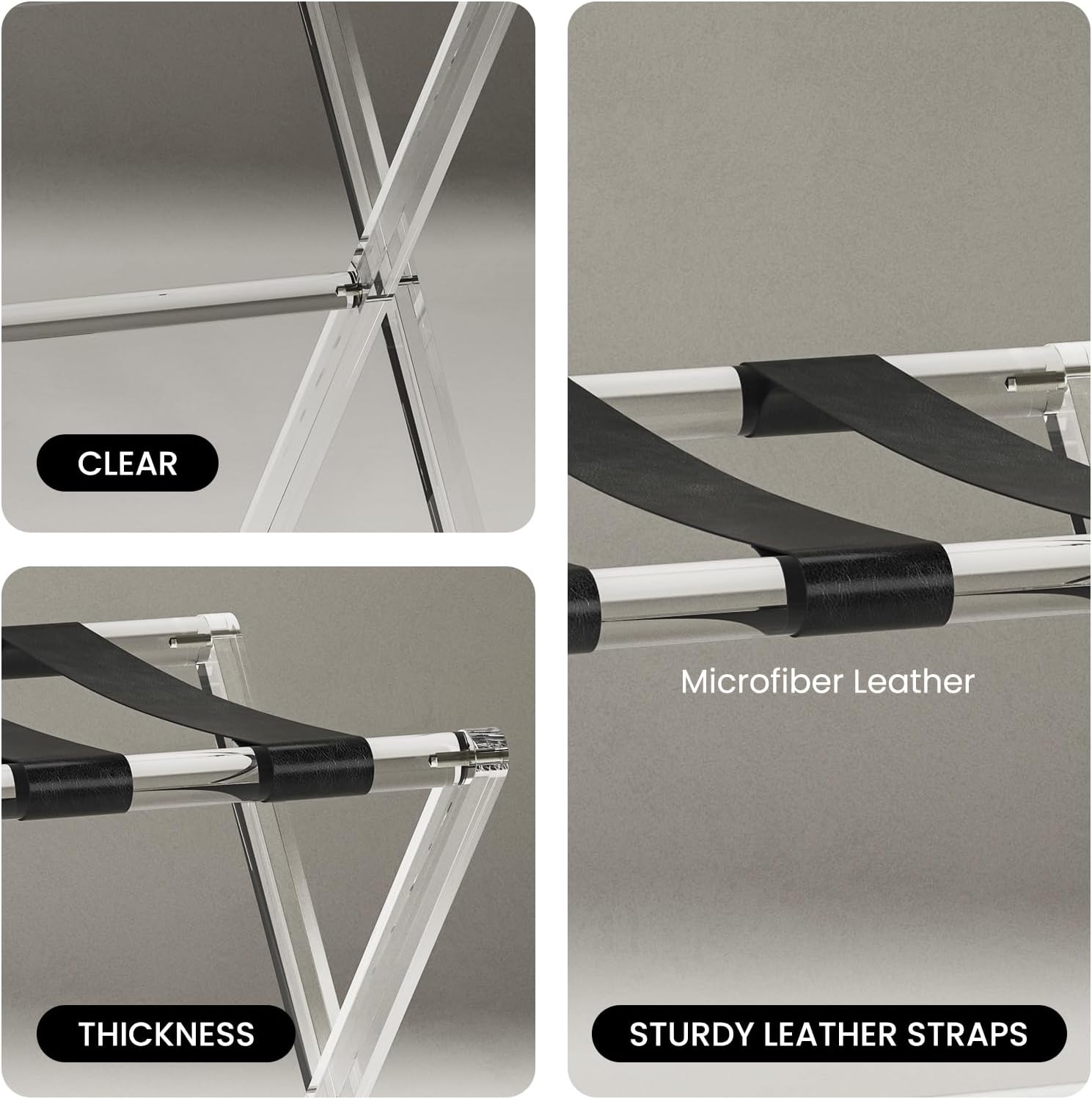 Sumerflos Portaequipajes de acrílico para habitación de invitados, soporte plegable transparente para maleta con correas de cuero para dormitorio,