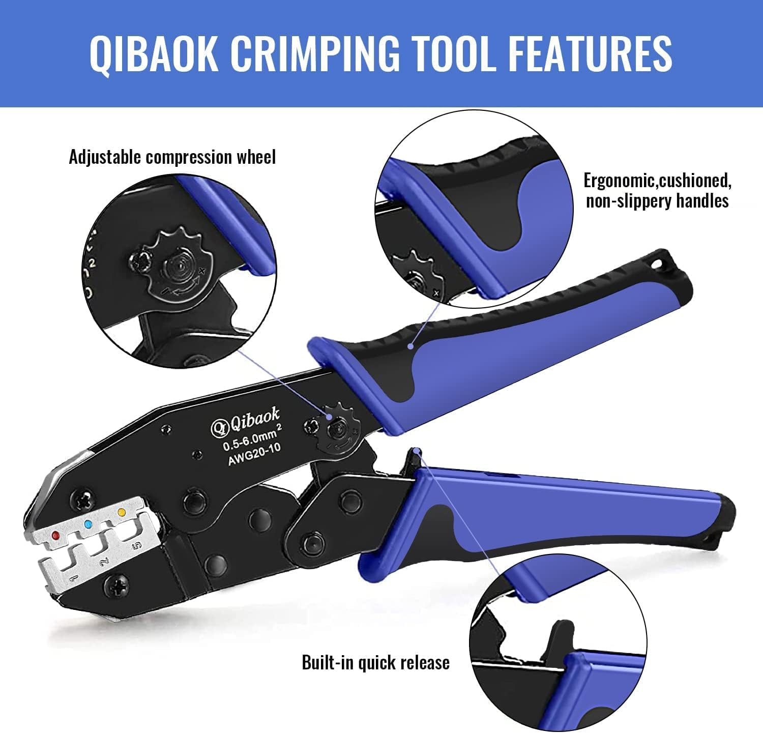Qibaok Crimpadora de cables de trinquete para conectores termorretráctiles, terminales de trinquete, herramienta de crimpado de alambre AWG 22-10