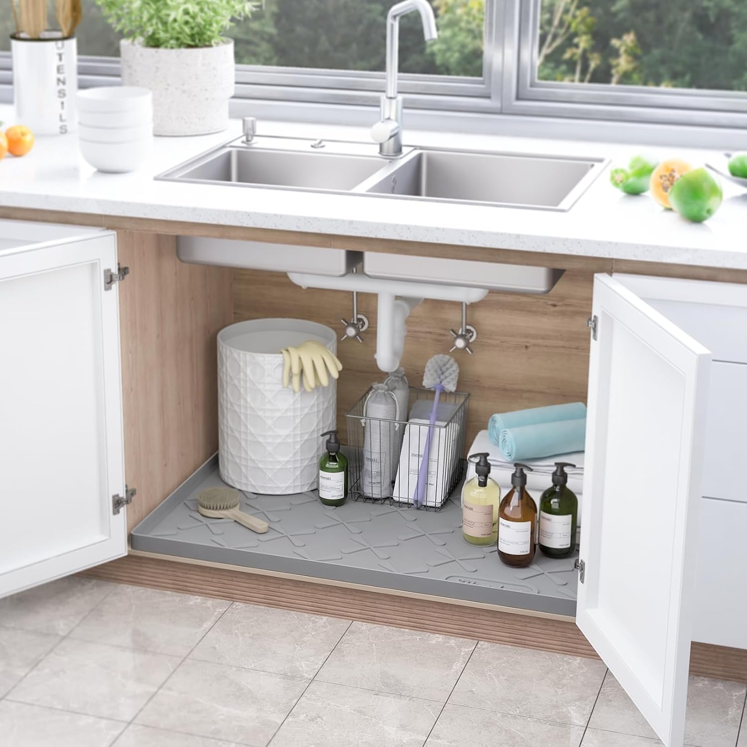 Tapete para debajo del fregadero para cocina, impermeable, 25 x 22 pulgadas, tapete de silicona para gabinete para baño, organizador debajo del