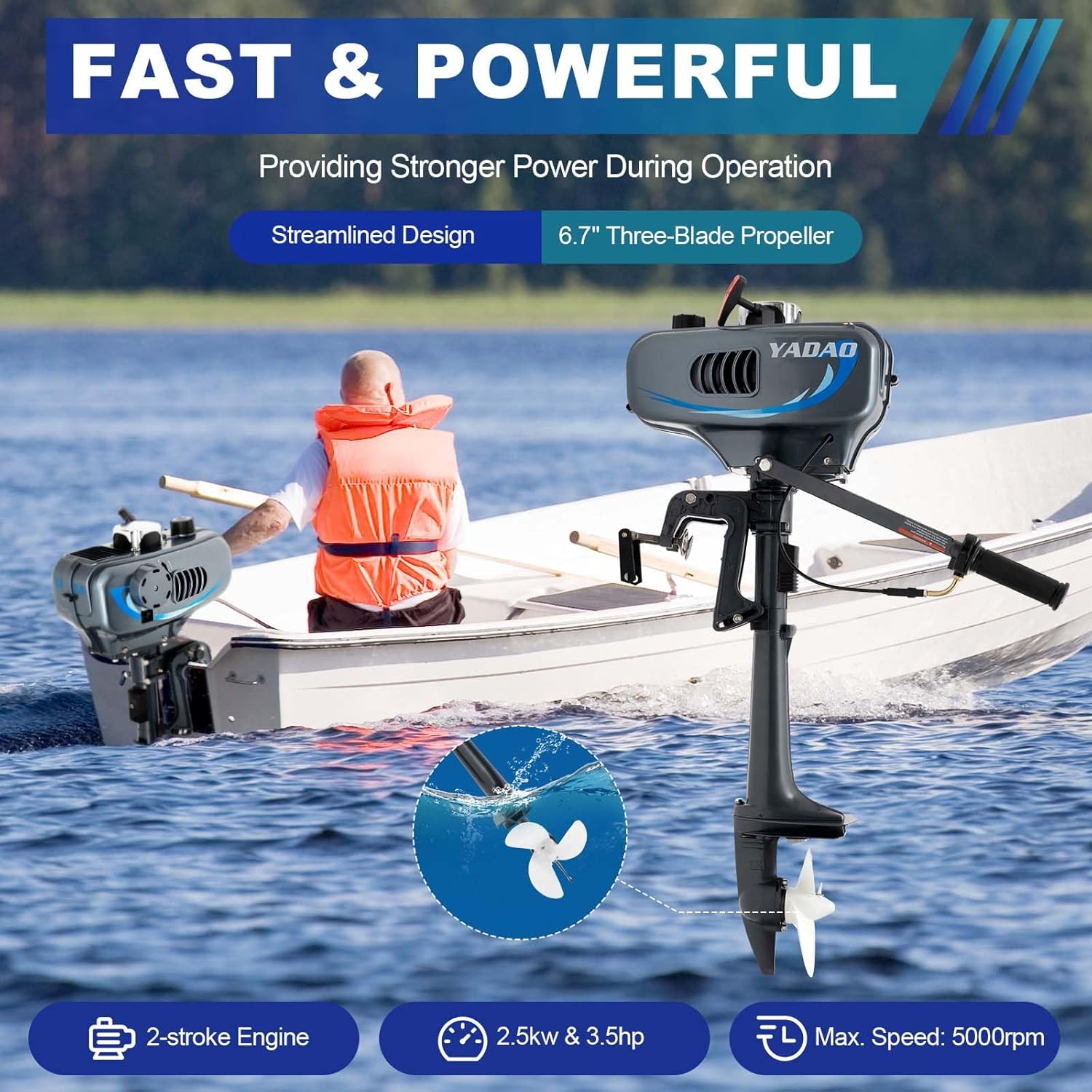 Motor fuera de borda de 3.5 HP de 2 tiempos, motor fuera de borda resistente, lancha inflable, eje de lancha, motor de enfriamiento por agua por
