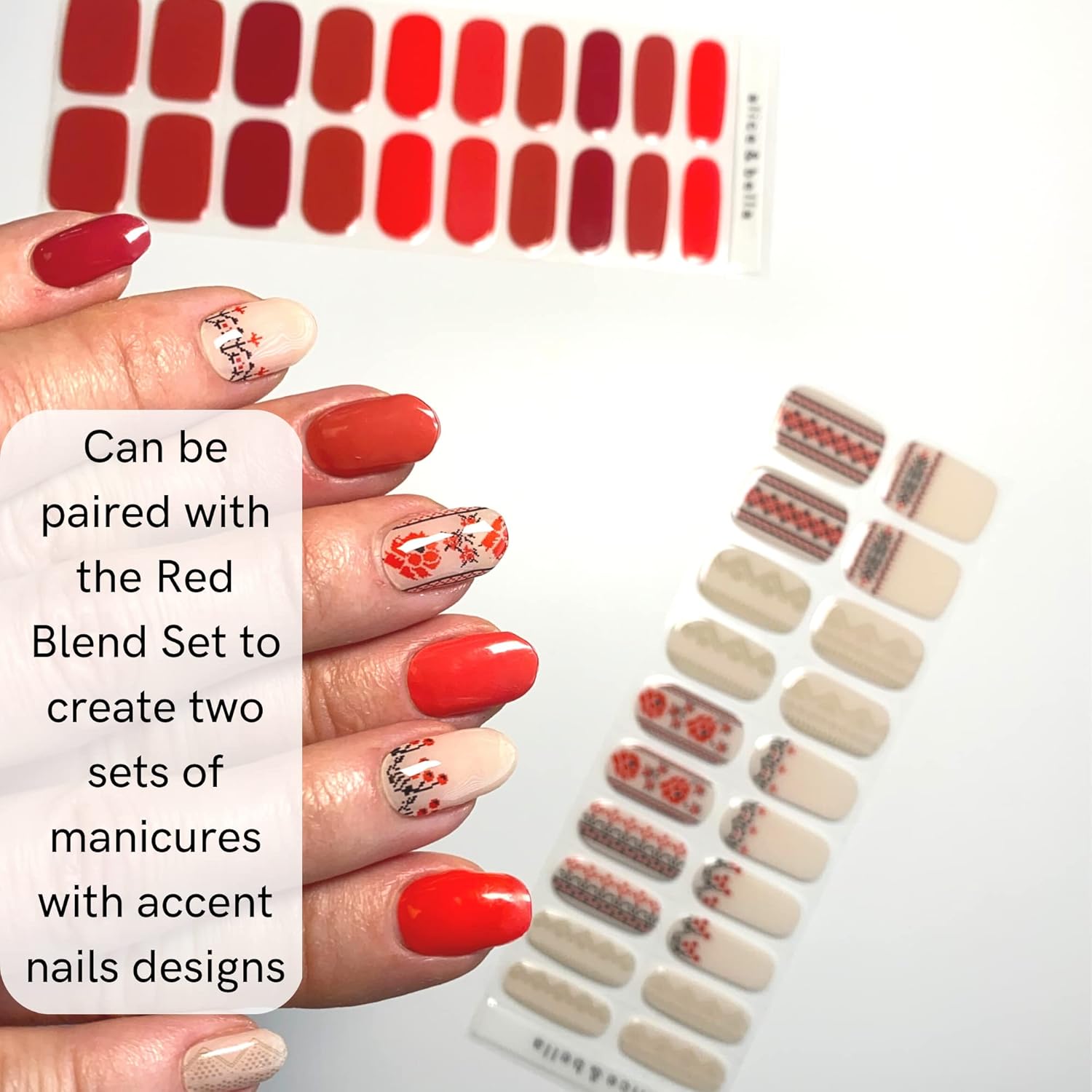 Alice & Bella Kvitka – Tiras de uñas de gel semicuradas – Base blanca lechosa roja y negra cosida a mano, calcomanías de arte popular UV para