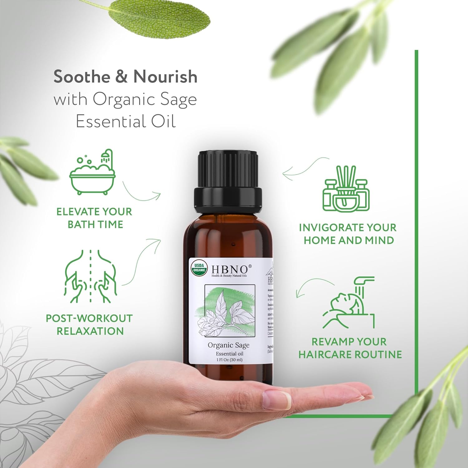 HBNO Aceite esencial de salvia orgánica, 1 onza (1.0 fl oz), aceite esencial de salvia orgánica certificado por USDA, destilado al vapor para