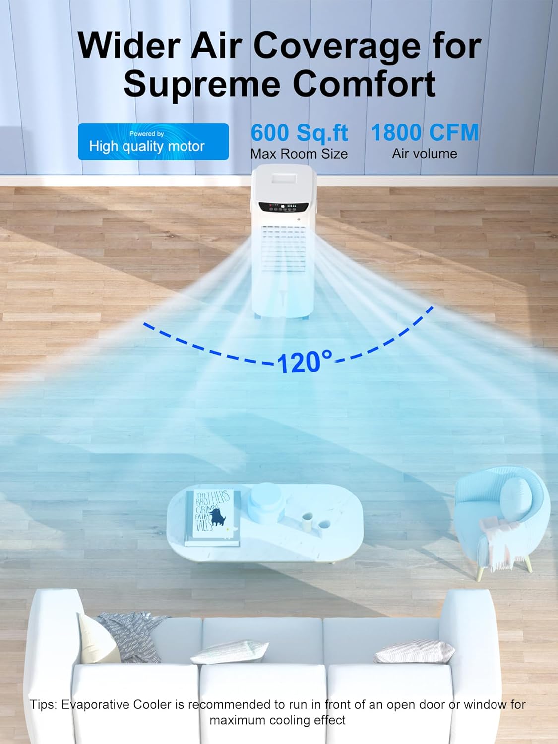 Swamp Cooler, enfriador de aire evaporativo de 1800 CFM portátil con tanque de agua de 4.2 galones, 4 paquetes de hielo, oscilación de 100,