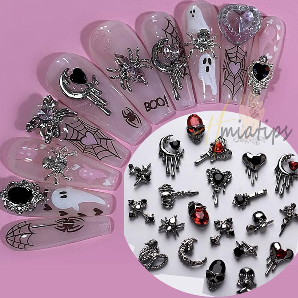 22 dijes de uñas de Halloween de aleación 3D, dijes de arte de uñas 3D, diamantes de imitación negros y rojos, suministros de uñas, esqueleto,