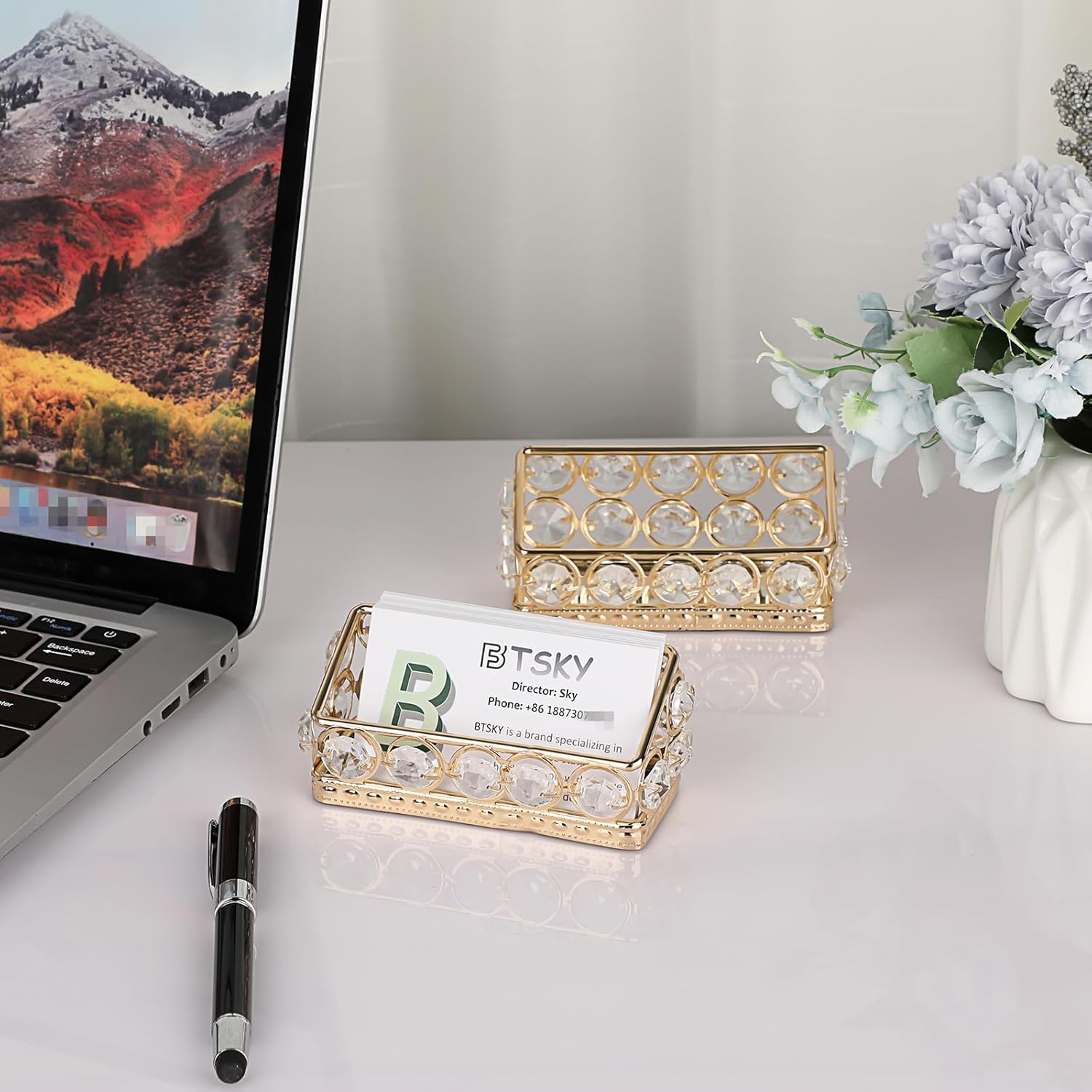 BTSKY Paquete de 2 tarjeteros de cristal para escritorio, soporte de exhibición de tarjetas de identificación para encimera de oficina, organizador