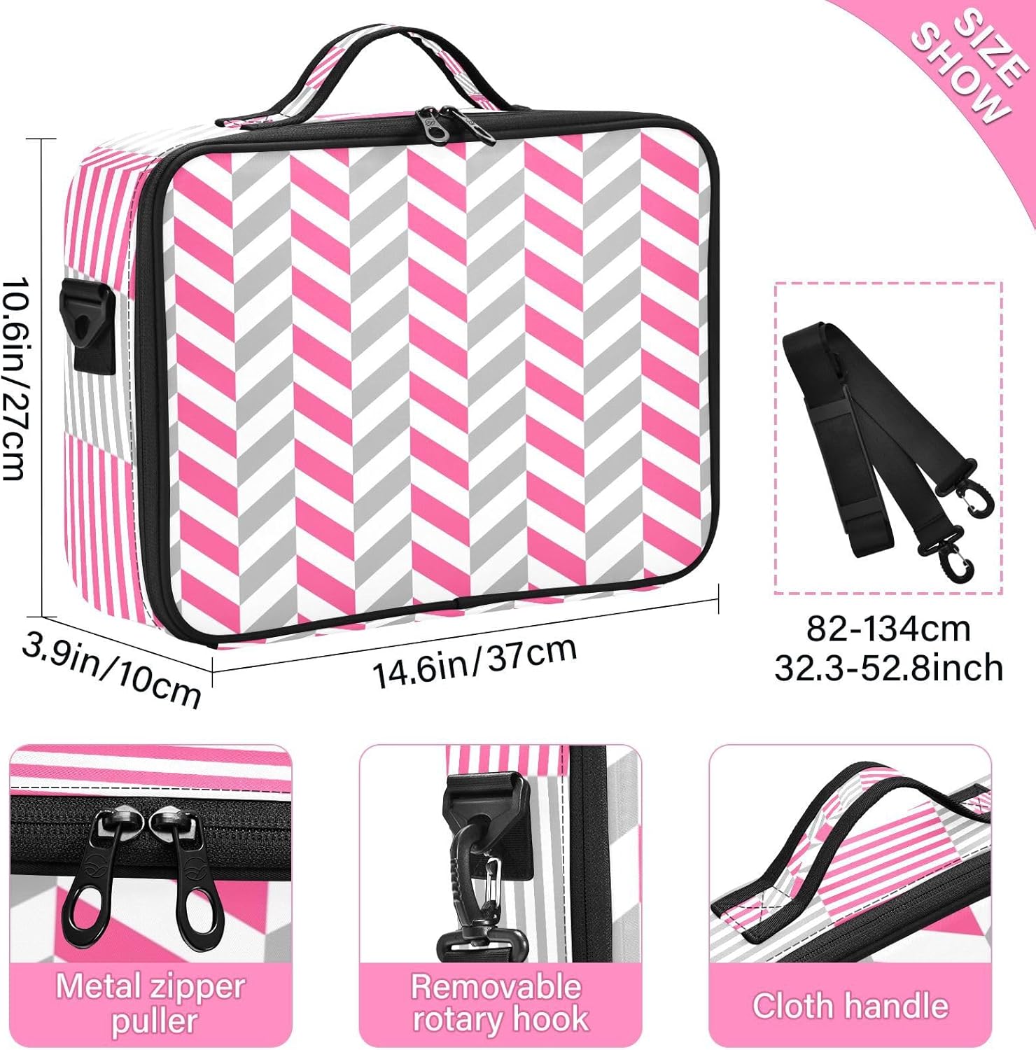 Bolsa de cosméticos de viaje con patrón geométrico de rayas para mujer, bolsa de viaje con compartimentos, bolsa de maquillaje con asa, bolsa de