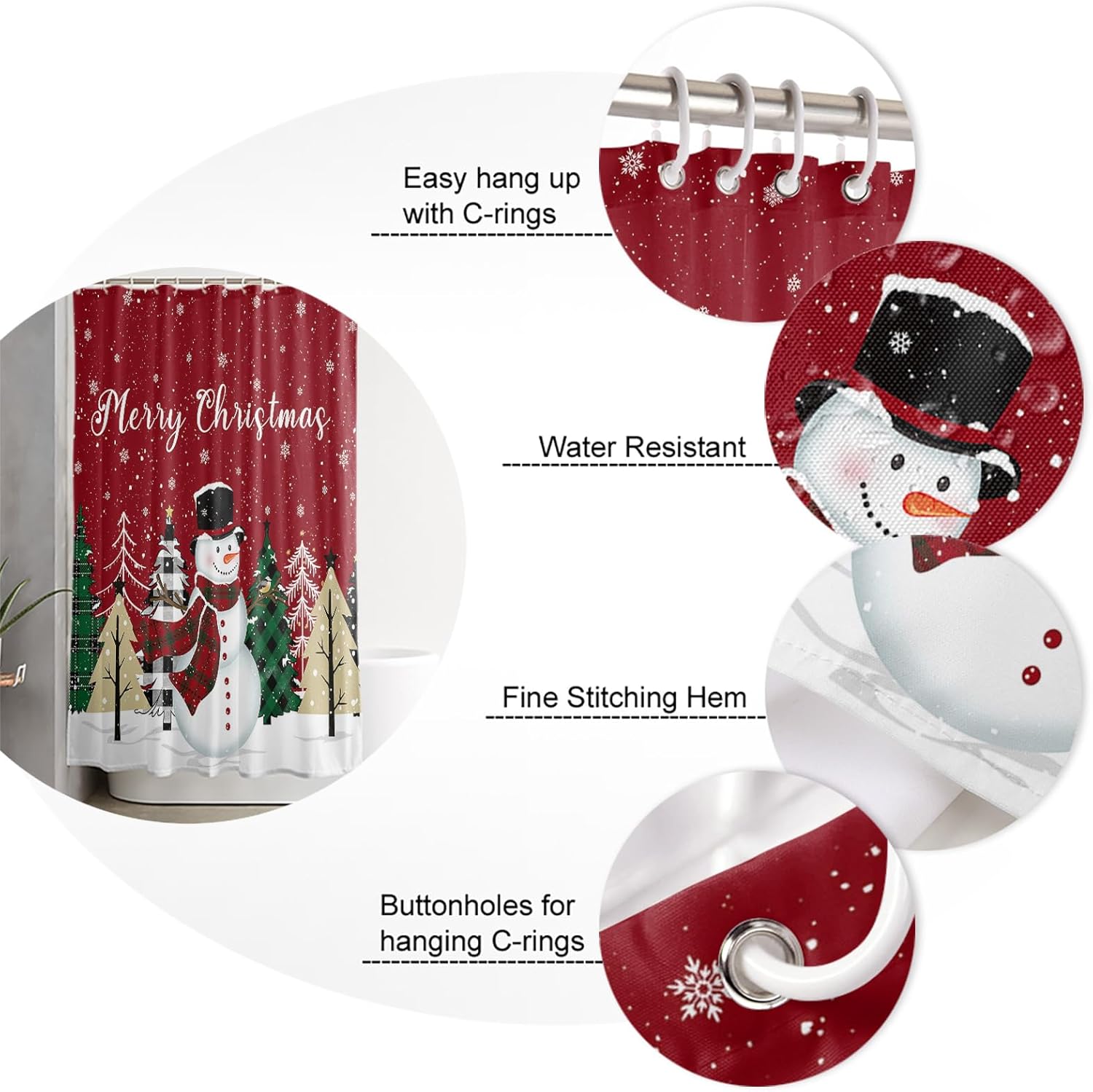 Cortina de ducha de Navidad con muñeco de nieve rojo, verde y negro a cuadros, cortinas de ducha para bañobañera, juego de cortina de ducha de tela