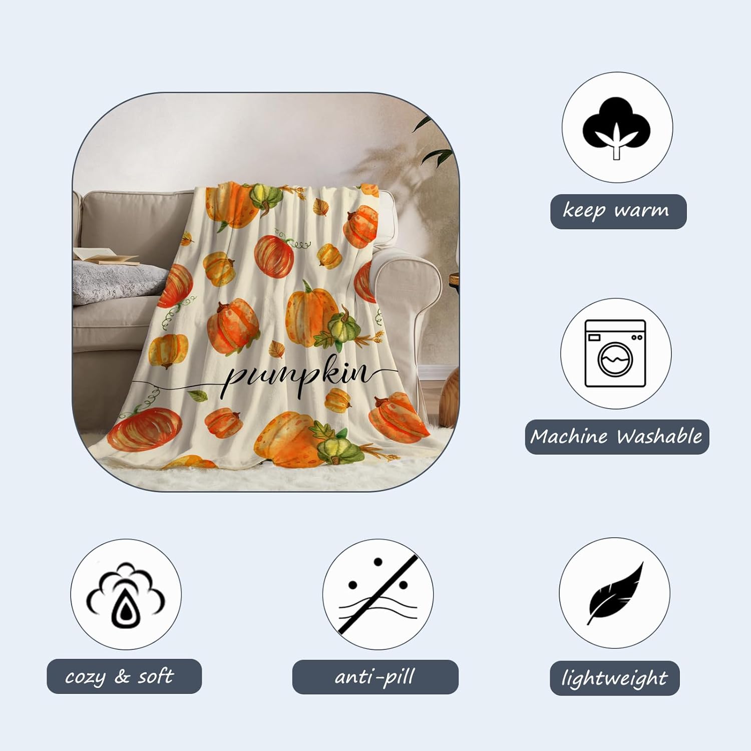 Neatee Living Manta decorativa de otoño de tamaño pequeño para niños, manta de Acción de Gracias de otoño con hojas de calabaza para sofá, cama,