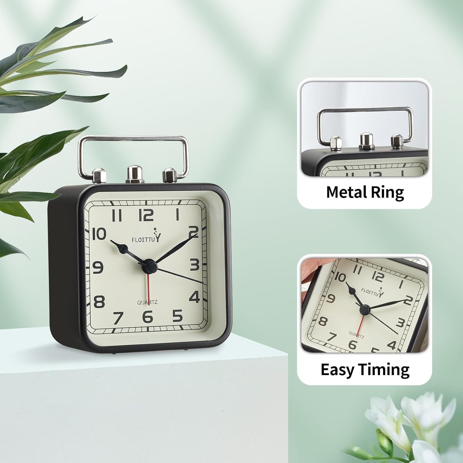 Reloj despertador cuadrado de metal, silencioso, sin tictac, funciona con pilas, luz nocturna y reloj de escritorio para dormitorio, viajes, niños,