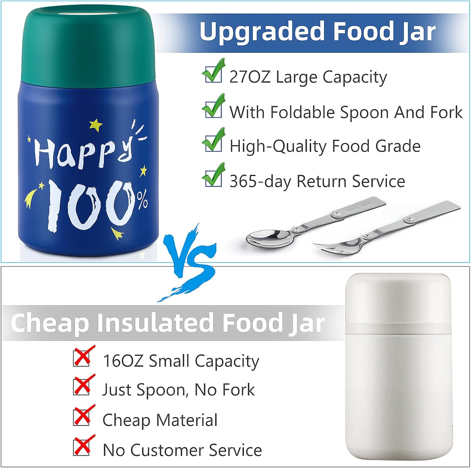 Termo para alimentos calientes y fríos, tarro de alimentos aislado de 28 onzas con cuchara y tenedor plegables, termo de doble pared portátil para