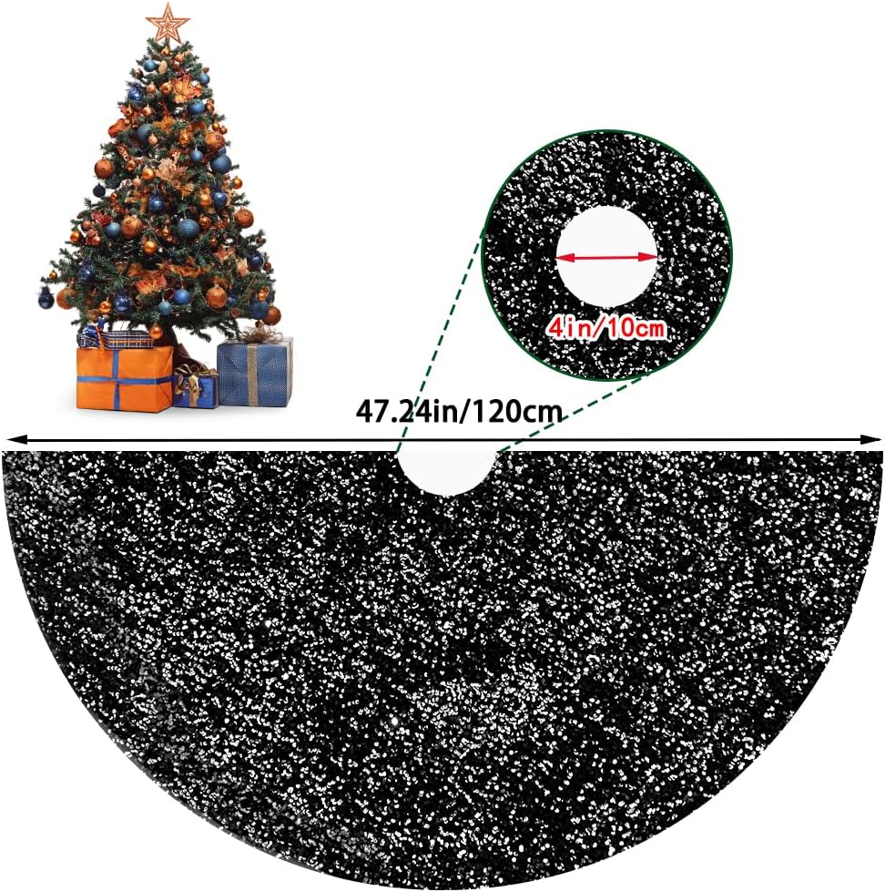 XIMISHOP Falda de árbol de lentejuelas de 48 pulgadas, falda de árbol negra plateada con purpurina para decoración de árbol de Navidad, Halloween,