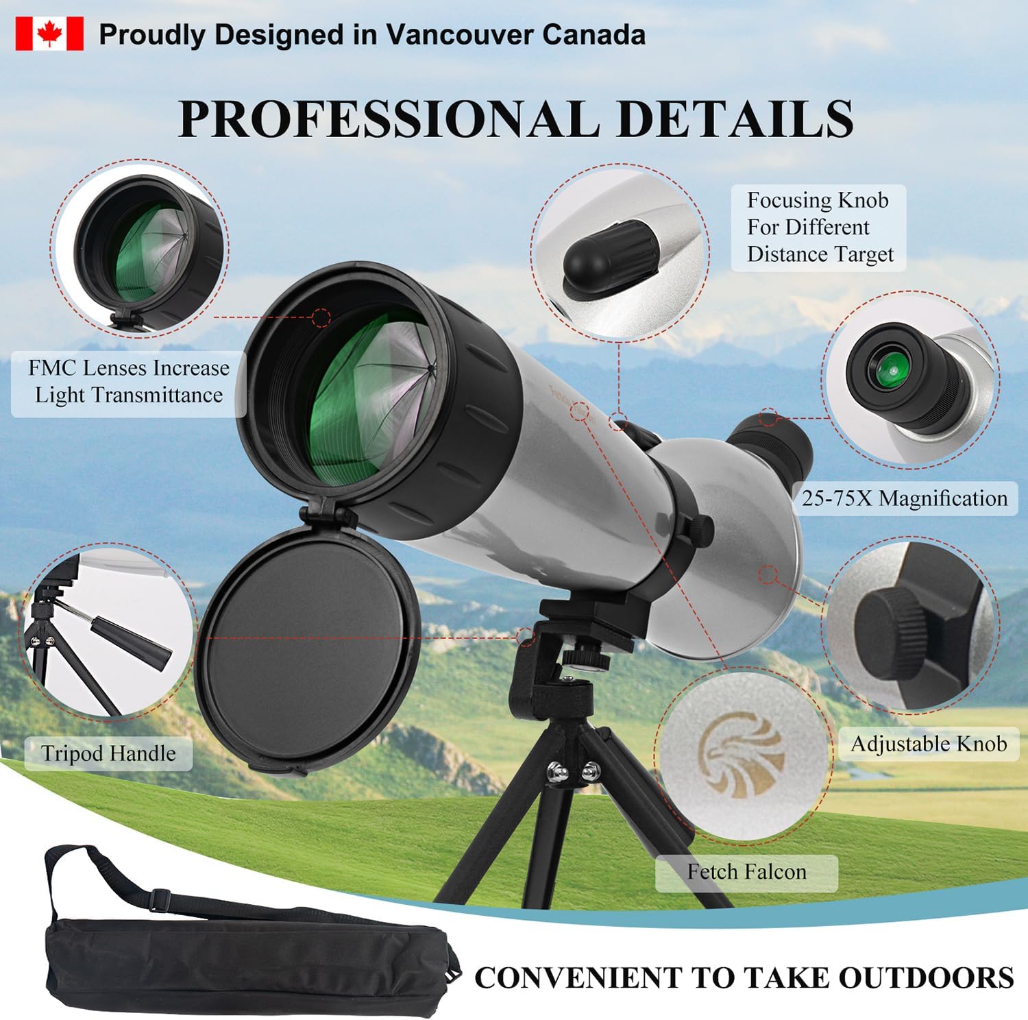 Fetch Falcon 25-75X75 FMC HD Spotting Scope (resistente al agua de largo alcance) con adaptador de teléfono trípode de metal y bolsa de transporte