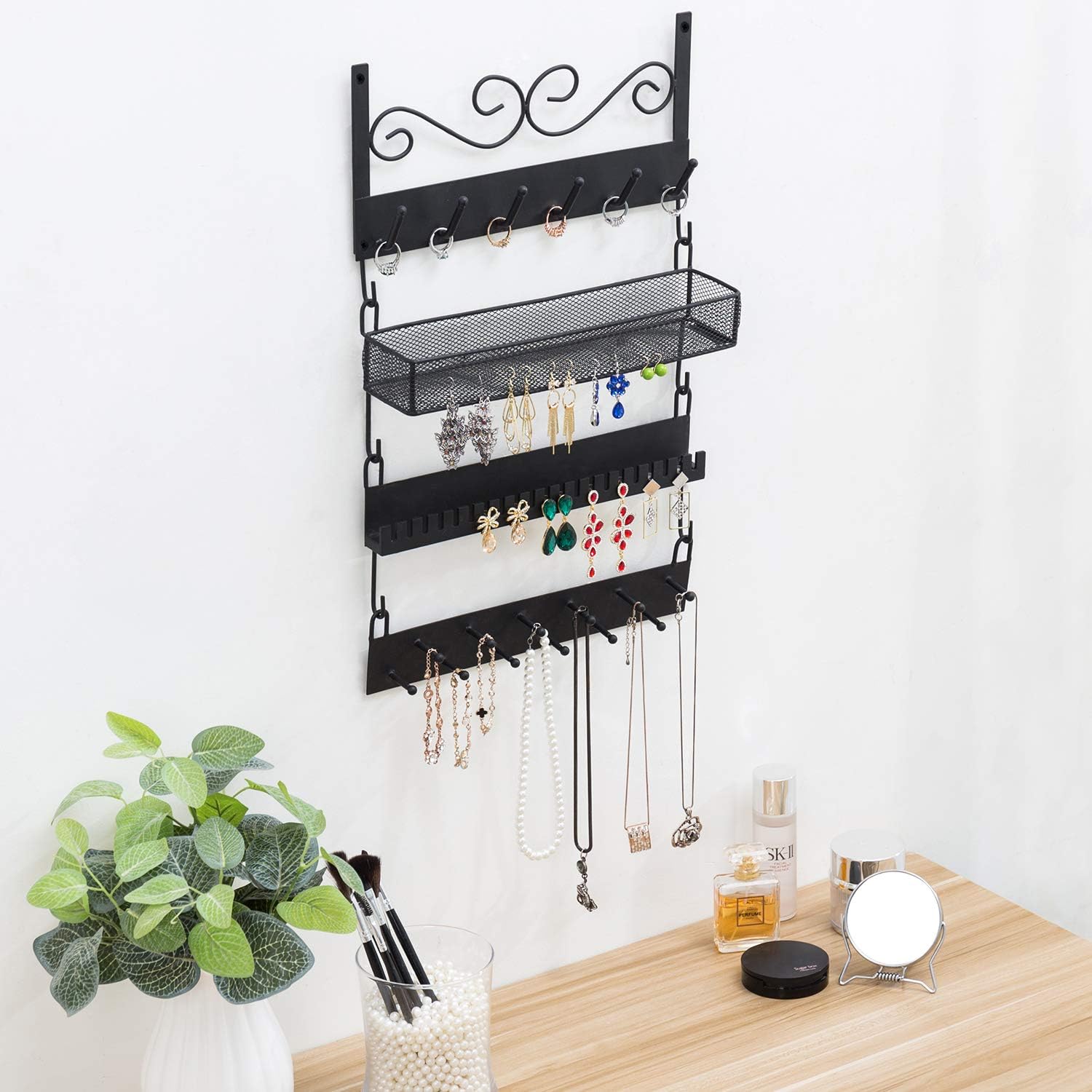 MyGift Organizador de joyas colgante de metal negro de 4 niveles con 18 ganchos, soporte para aretes y collar, estante de exhibición de pulseras,