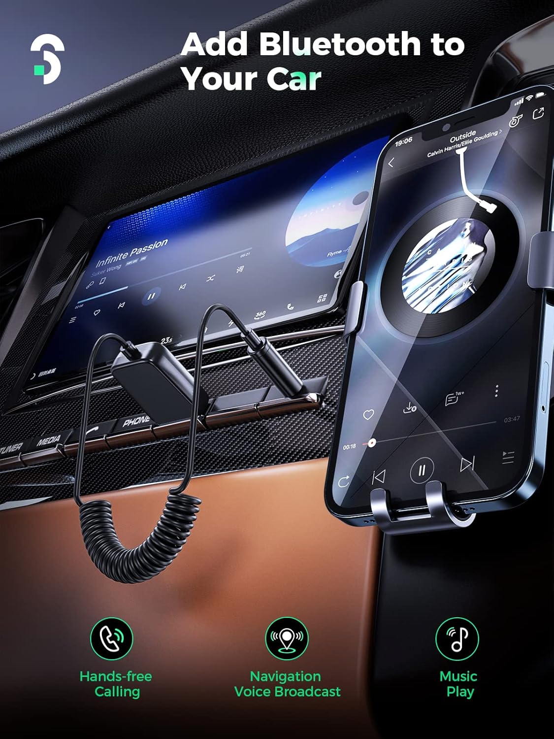Adaptador Bluetooth 5.3 para automóvil, micrófono más fuerte y cancelación de ruido Bluetooth auxiliar de 0.138 in para automóvil con micrófono