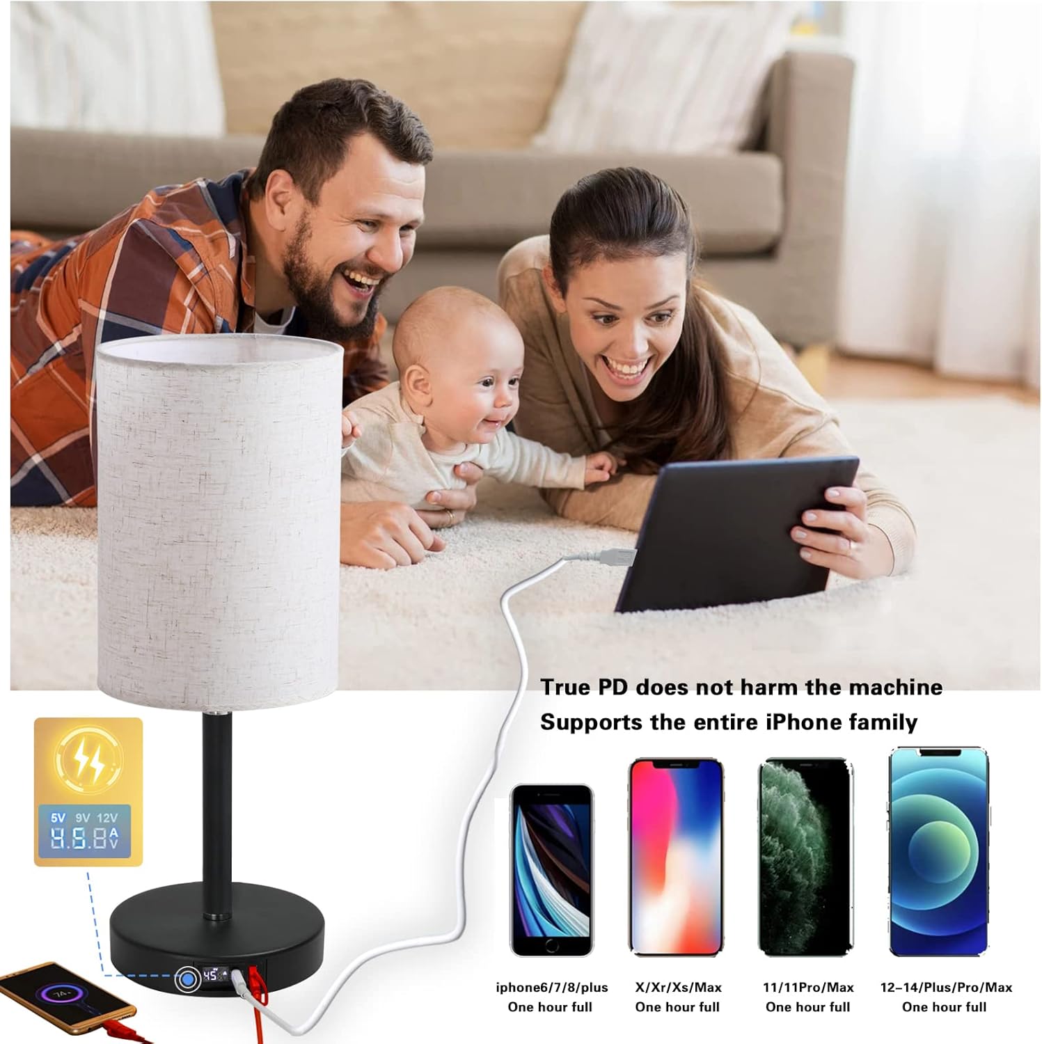 AXIQUE Lámparas de mesa para sala de estar, lámparas de escritorio para mesita de noche con puerto USB+C, control táctil, carga rápida inteligente,