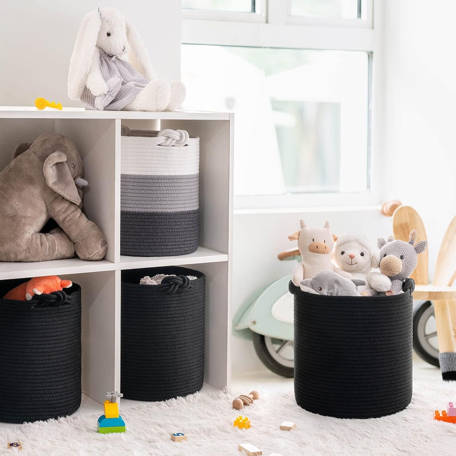 Goodpick Paquete de 3 cubos de almacenamiento de cuerda tejida para organización de armario y estantes, cestas redondas decorativas negras para