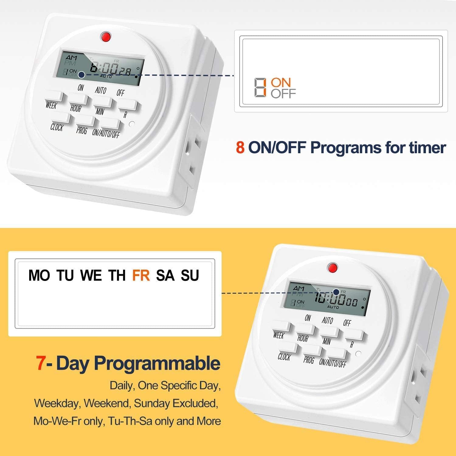 iPower Digital Outlet Timer, 7 Day Heavy Duty Programmable Timer Switch Indoor for Chrismas String Lights, Appliance, Pool Pump, 8 OnOff Programs,