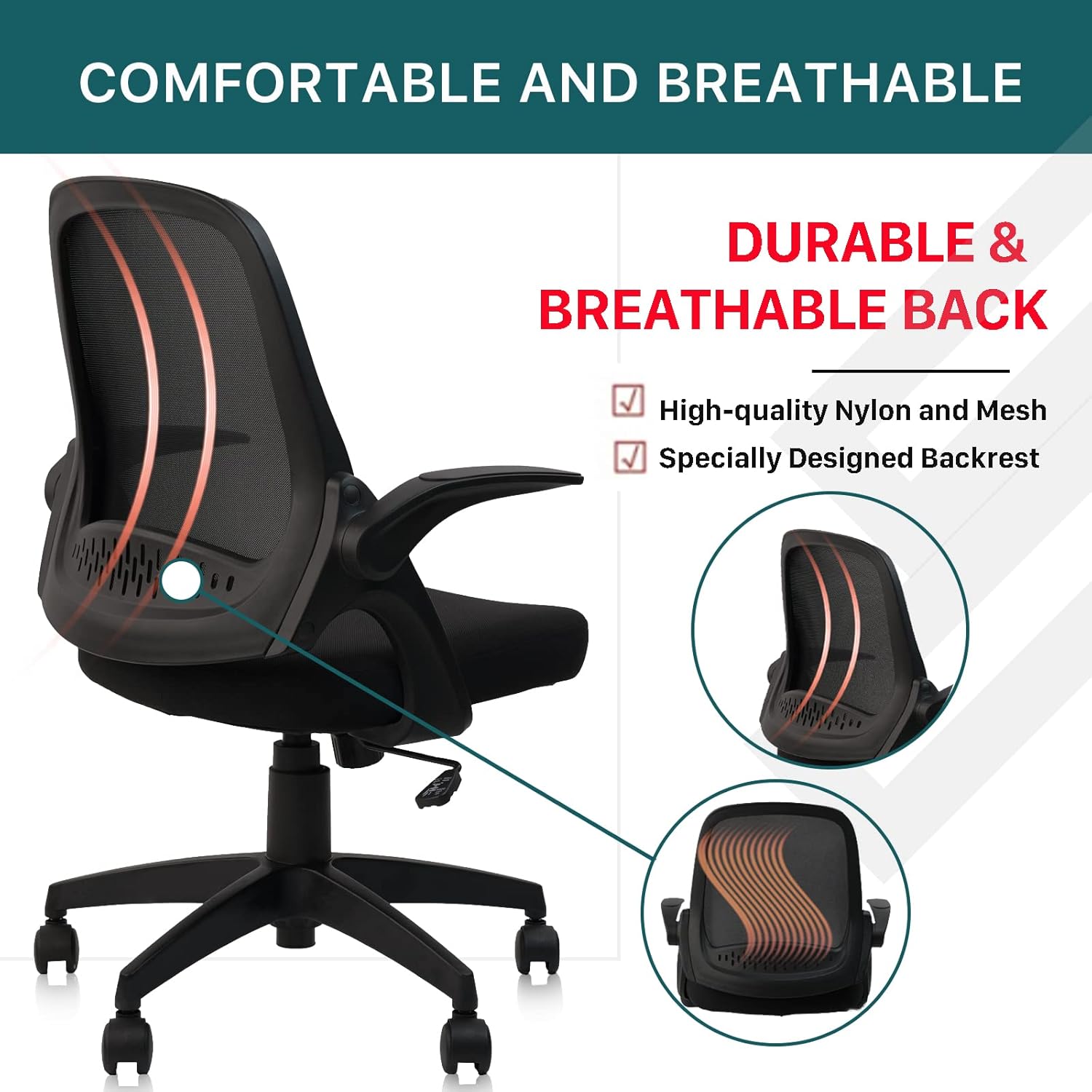 CLATINA Silla ergonómica de escritorio de malla rodante con soporte lumbar y reposabrazos abatibles, cómodas sillas de trabajo para computadora,