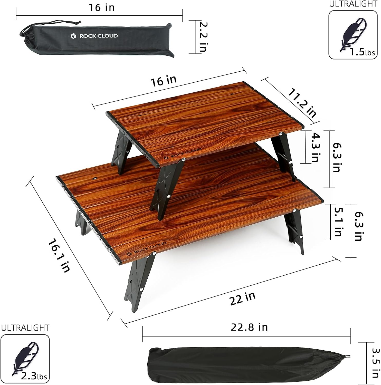 ROCK CLOUD Mesa de playa plegable y compacta ultraligera de dos alturas de aluminio ajustable Mini mesa de camping portátil (negro – grande)