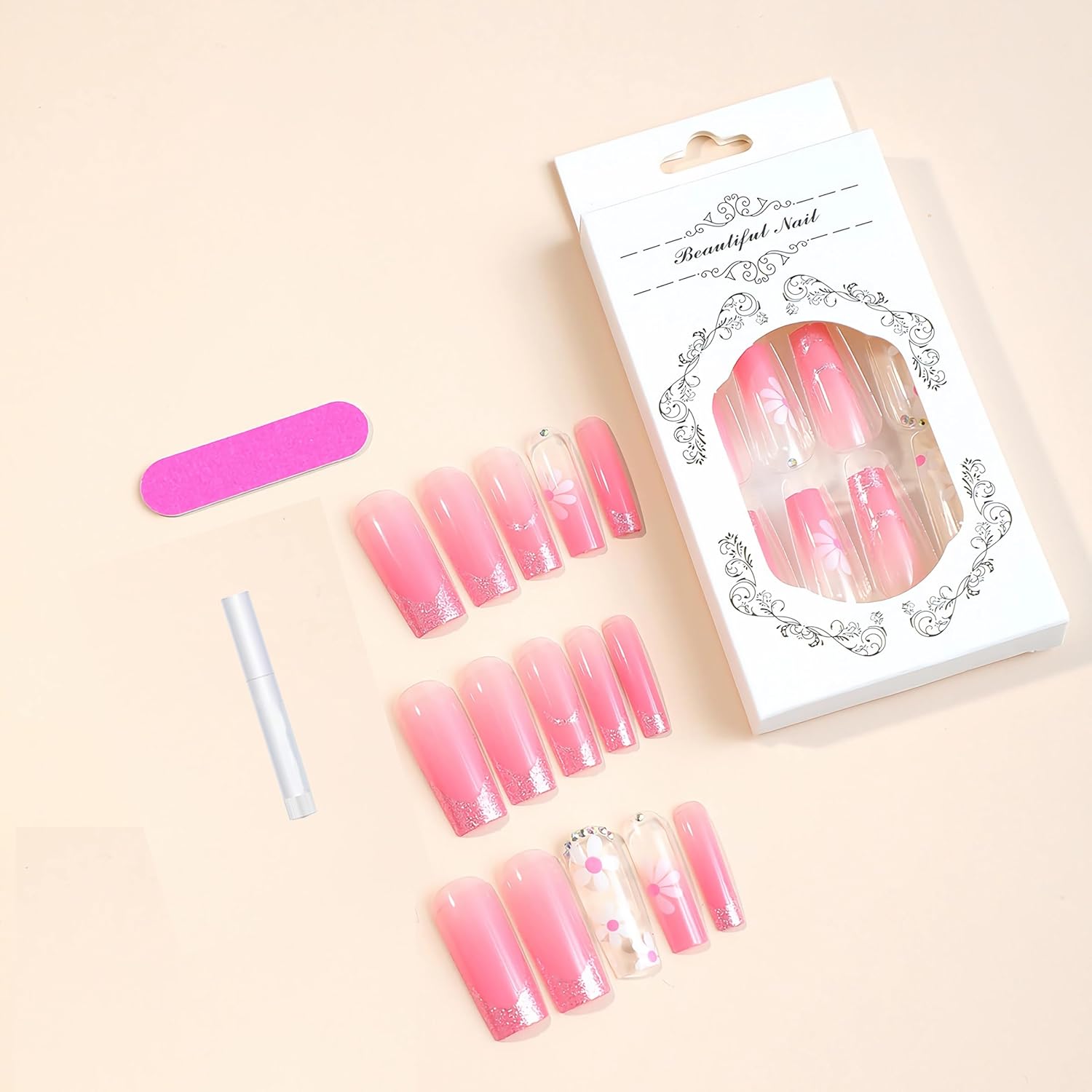 BABALAL Uñas postizas cuadradas a presión, uñas postizas largas con pegamento rosa, uñas acrílicas con flores, 24 unidades, uñas ovaladas brillantes