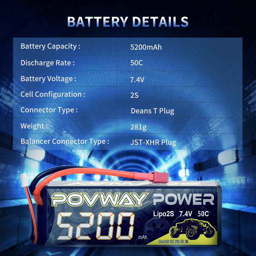 POVWAY 5200mAh 2S LiPo Battery 50C 7.4V RC Battery Hard Case with Dean-Style T Connector for RC Cars, RC Truck, RC Airplane, RC Helicopter, Drone,
