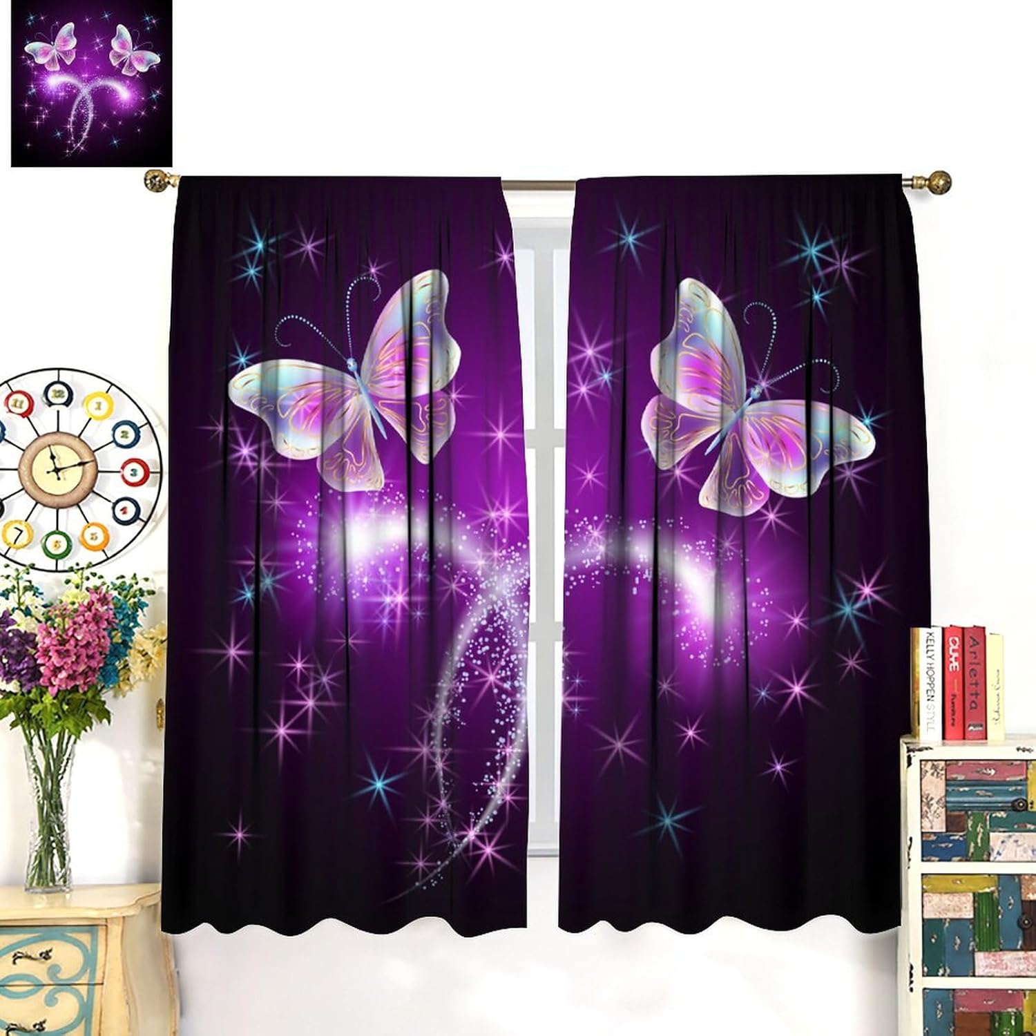 Cortinas de mariposas coloridas con diseño de mariposas brillantes y fuegos artificiales y estrellas brillantes, cortinas opacas con bolsillo para