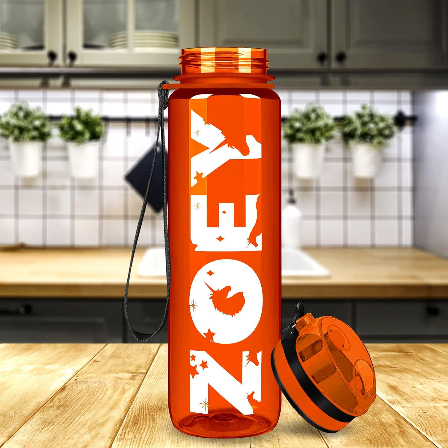 Botella de agua personalizada para niños, naranja brillante, 32 onzas, motivacional, fitness, deportes, con marcador de tiempo, boca ancha, a prueba