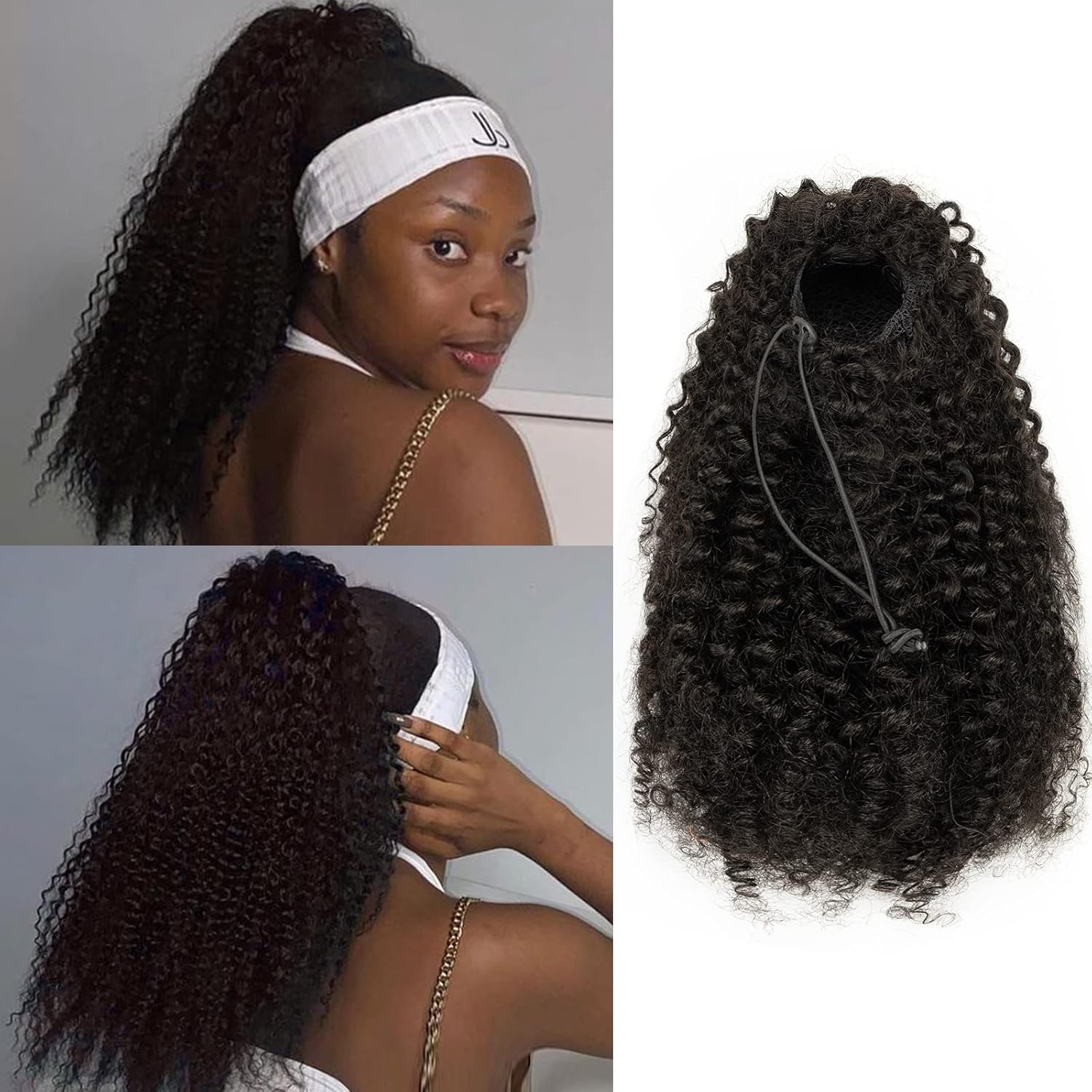 Lacer Cola de caballo larga rizada para mujeres negras, 100% cabello humano real, 3B 3C, estilo protector, cordón, extensiones de cabello con clip,
