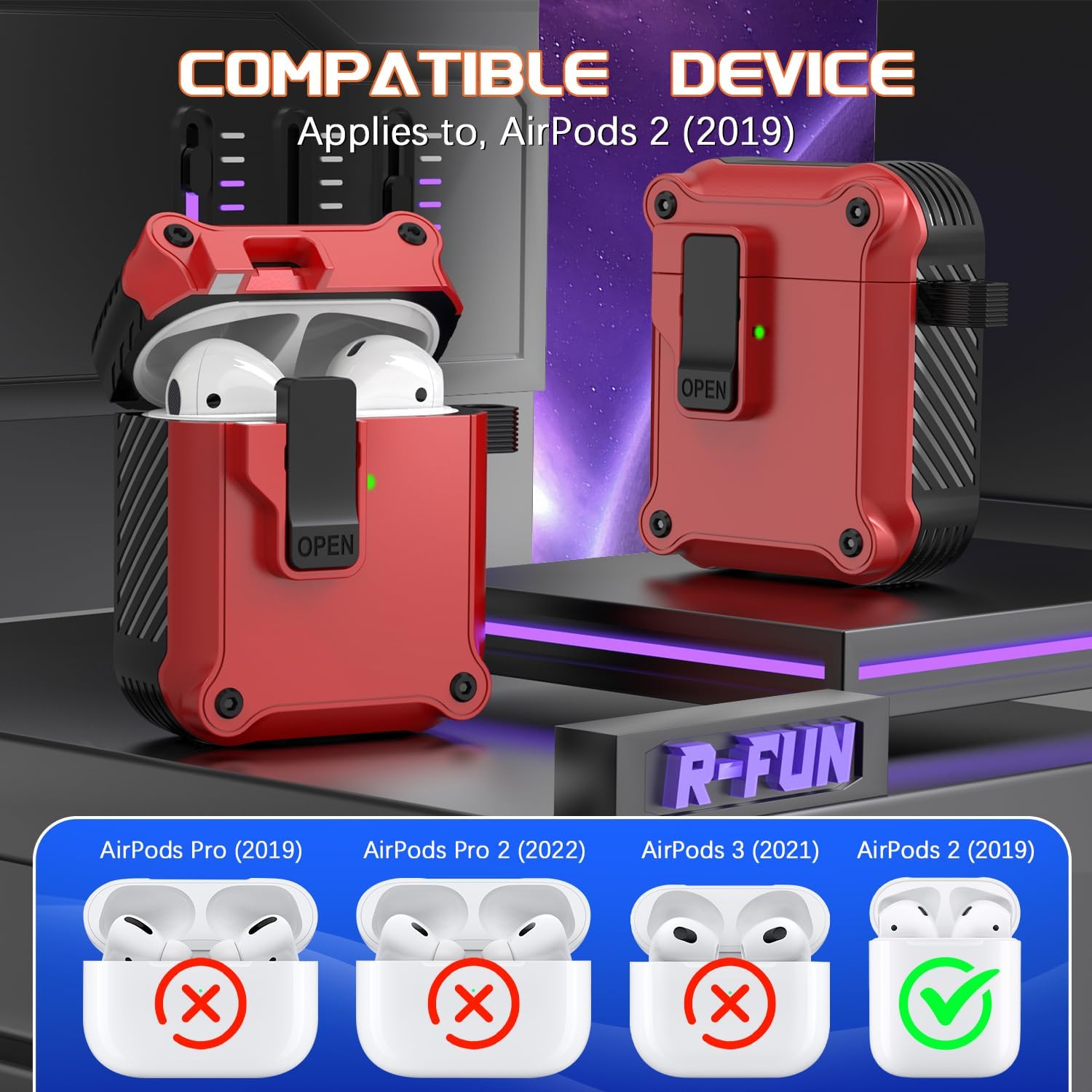 R-fun AirPods de 2 generación y 1 generación con clip de bloqueo seguro automático, carcasa rígida protectora de cuerpo completo para mujeres y