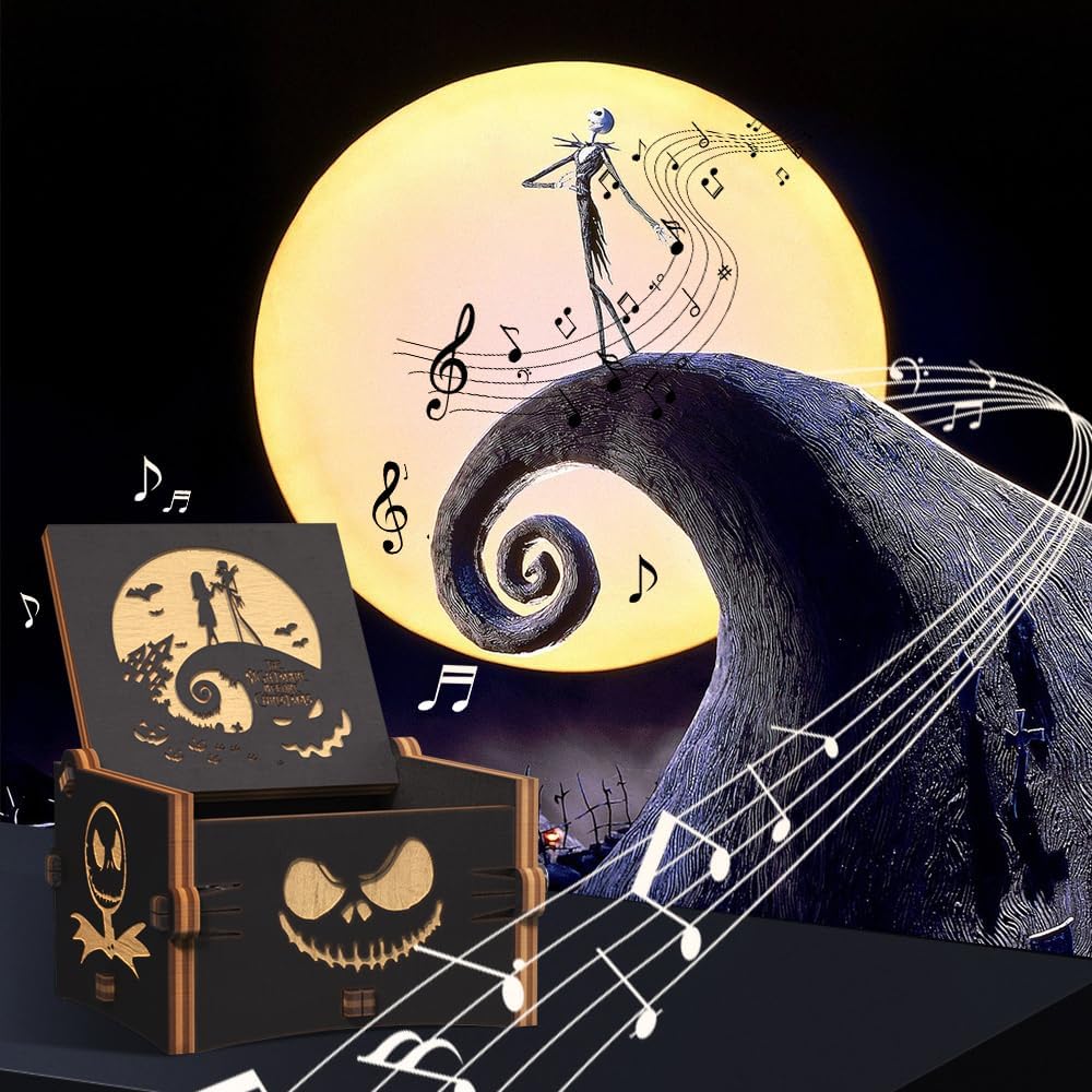 Ucuber Caja de música The Nightmare Before Christmas  Mini caja de música de madera grabada, melodía This is Halloween, decoración del hogar para