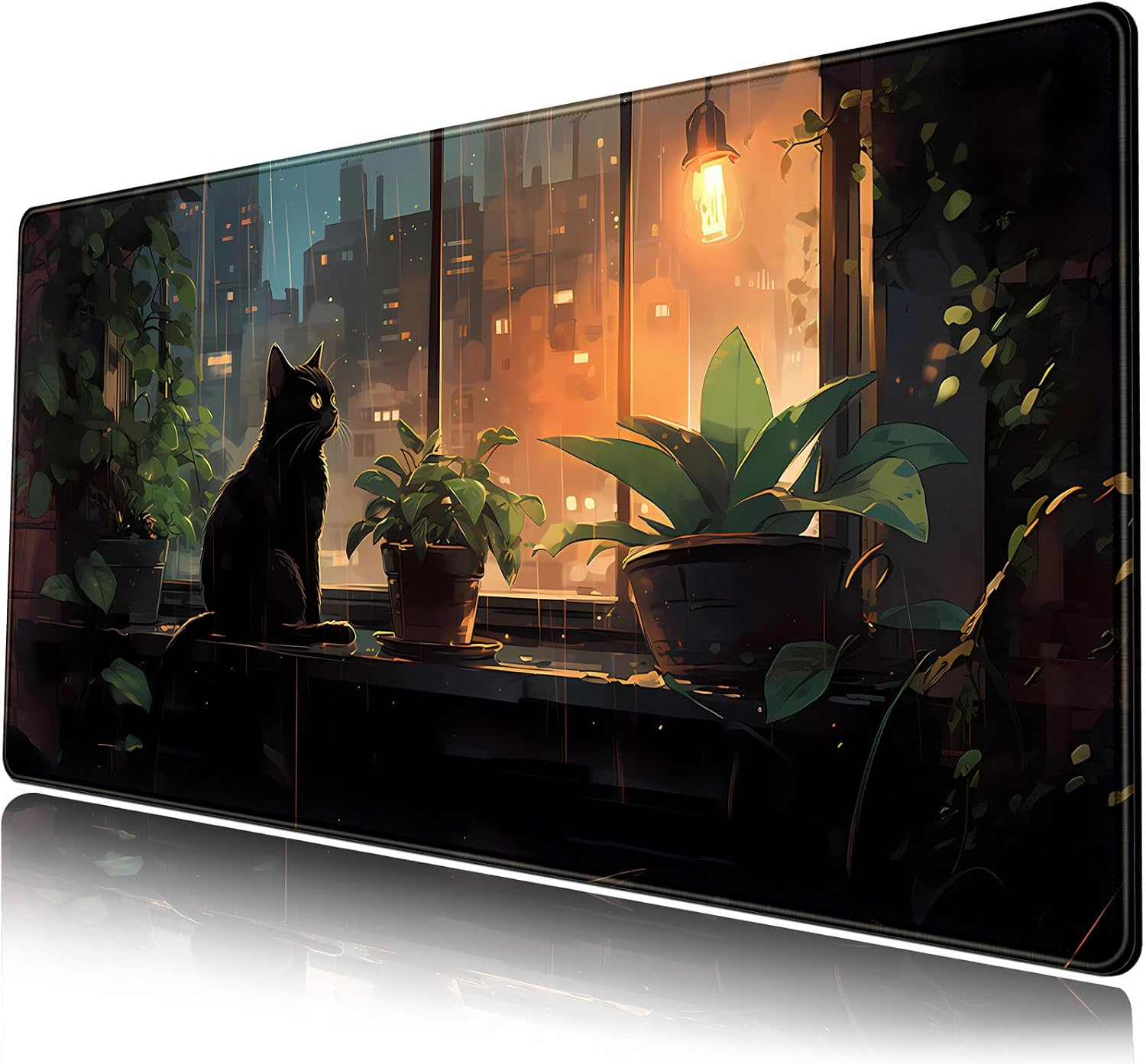 Alfombrilla de escritorio de gato negro con plantas verdes, alfombrilla de mouse grande para juegos de anime, alfombrilla de mouse XL para