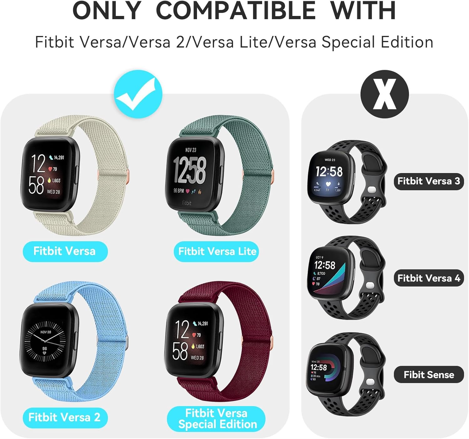 Paquete de 8 bandas elásticas compatibles con Fitbit Versa 2VersaVersa LiteVersa SE para mujeres y hombres, correa trenzada de nailon elástico