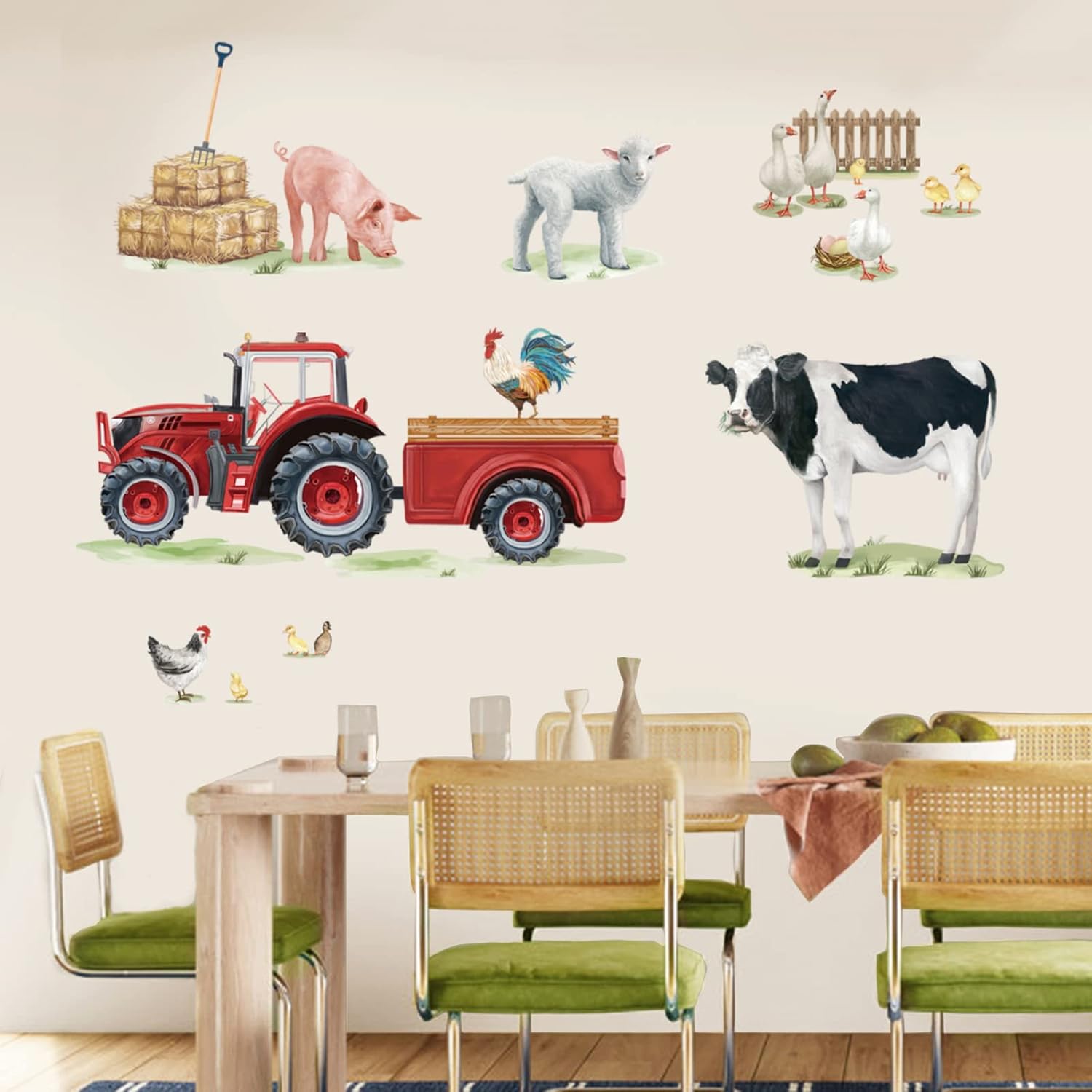 wondever Calcomanías de pared de animales de granja, vaca, camión, gallos pelar y pegar, calcomanías artísticas para cocina, sala de estar,