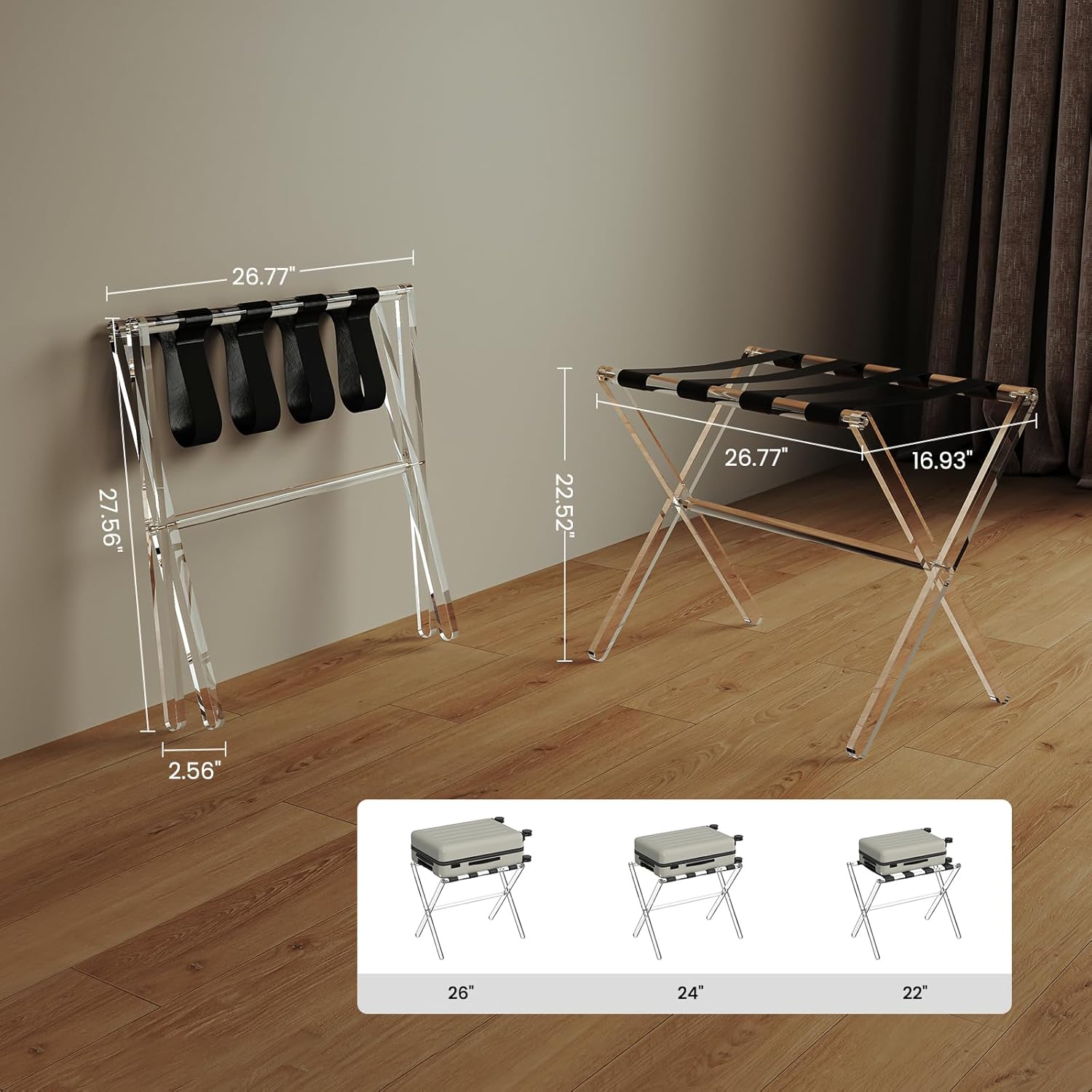 Sumerflos Portaequipajes de acrílico para habitación de invitados, soporte plegable transparente para maleta con correas de cuero para dormitorio,