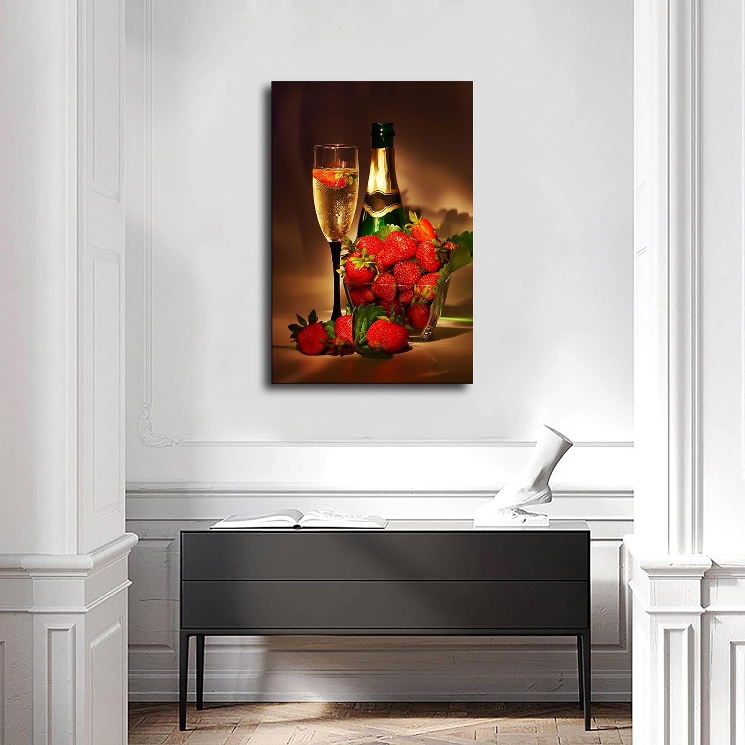 Póster de copa de vino de champán de fresa, lienzo impreso, pintura, arte de pared, hogar, pasillo, dormitorio, sala de estar (24 x 36 pulgadas, sin