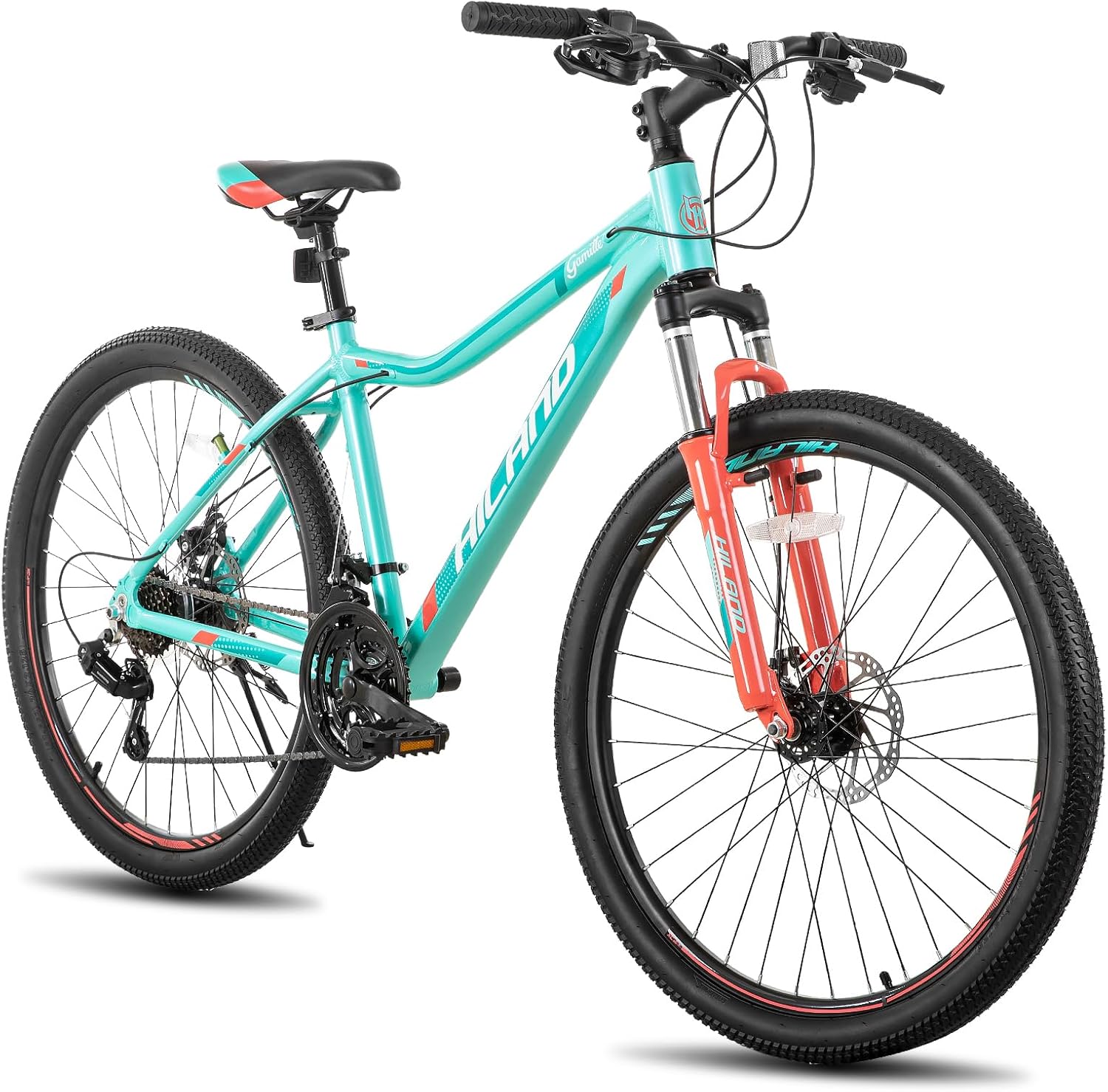 Hiland – Bicicleta de montaña de 26 pulgadas para mujer, 21 velocidades con horquilla de suspensión de bloqueo, frenos de disco duales, marco de