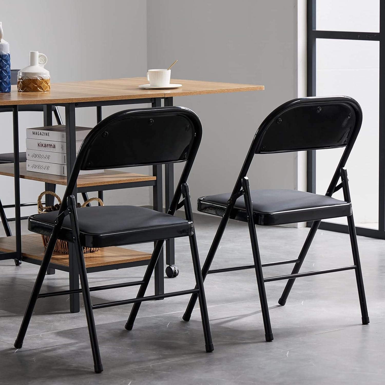 Karl home Paquete de 8 sillas plegables negras con asientos acolchados para exteriores e interiores, asiento comercial apilable portátil con marco