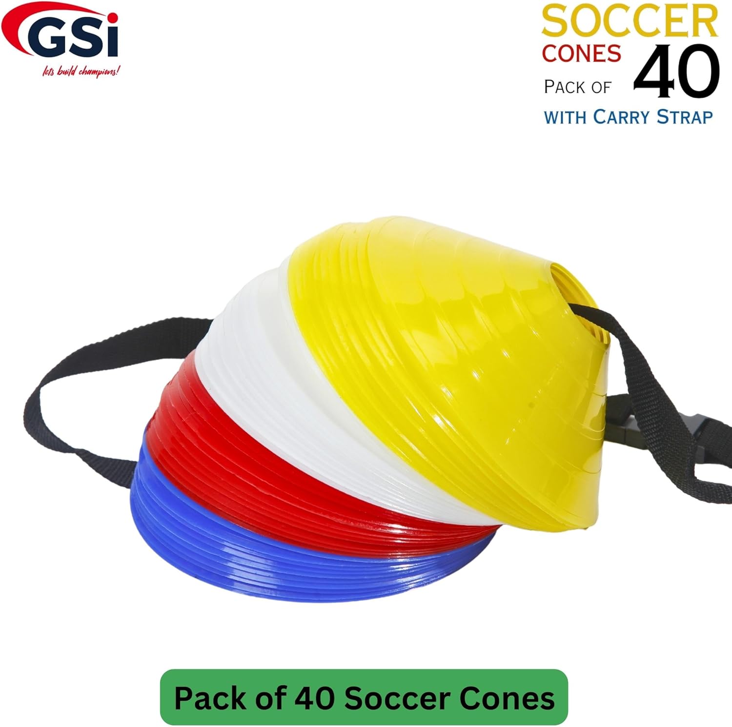 GSi Conos de fútbol regulares, paquete de 40, conos de 7 pulgadas de diámetro en 4 colores, viene con correa para el hombro, para ejercicios de