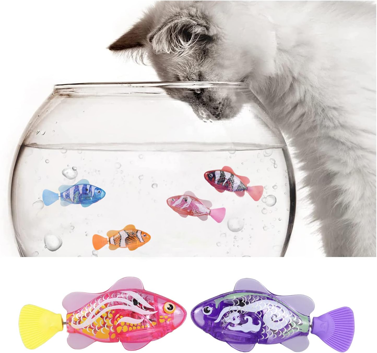 Robot Fish Activado por agua, natación en agua con luz LED, juguetes eléctricos de bañera para mascotas, gatos, perros (dorado + morado)