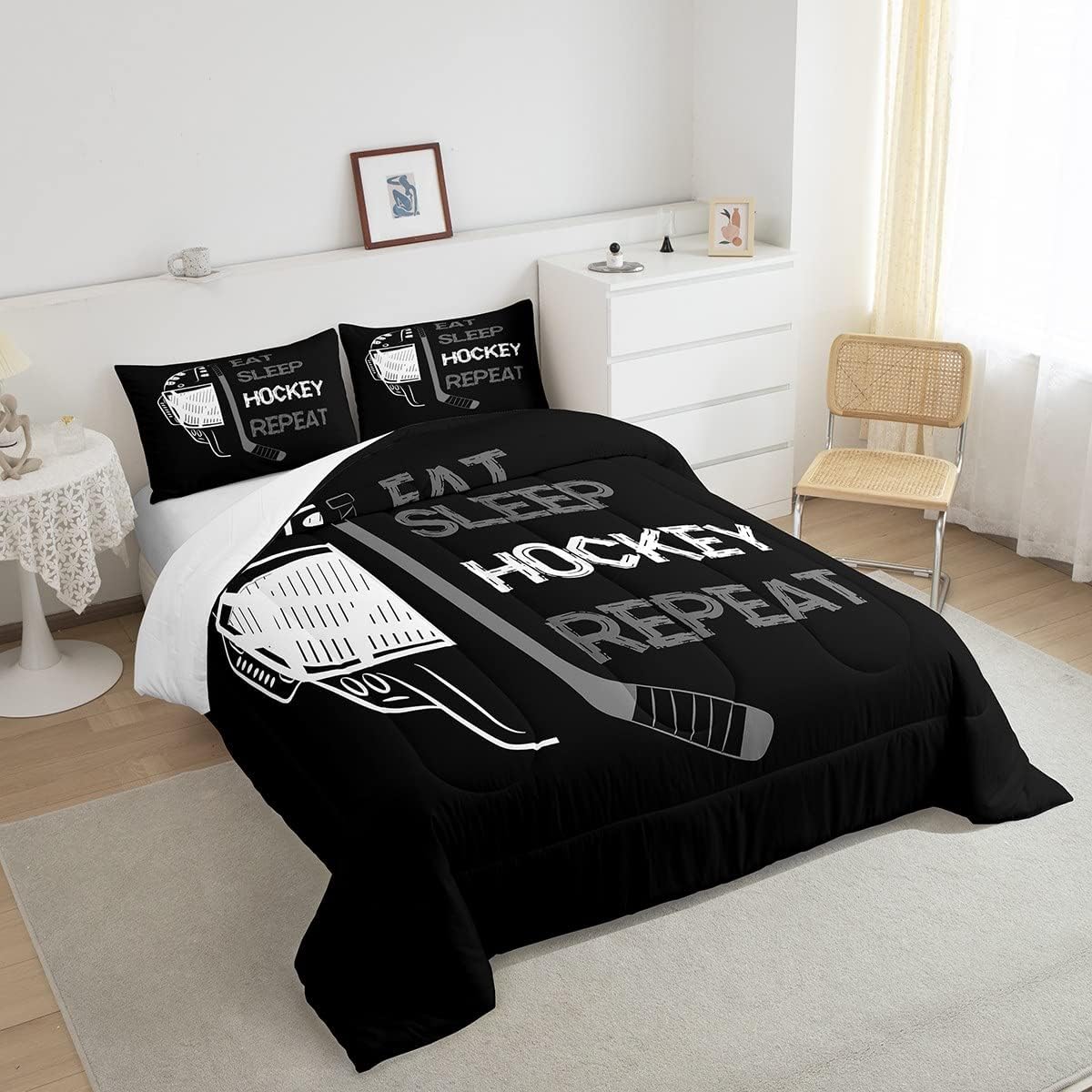 Erosebridal Edredón de hockey tamaño individual para niños y adolescentes, ropa de cama de hockey negro y gris para comer, decoración de dormitorio,