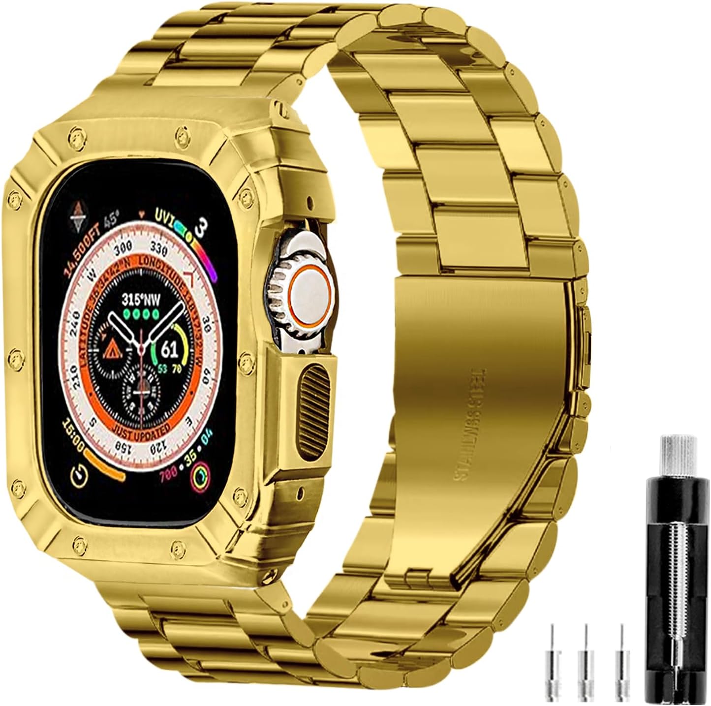 Compatible con Apple Watch Case Band Iwatch Ultra Series 987654SE, 1.731.751.75 pulgadas, correa protectora de acero inoxidable sólido, grande,