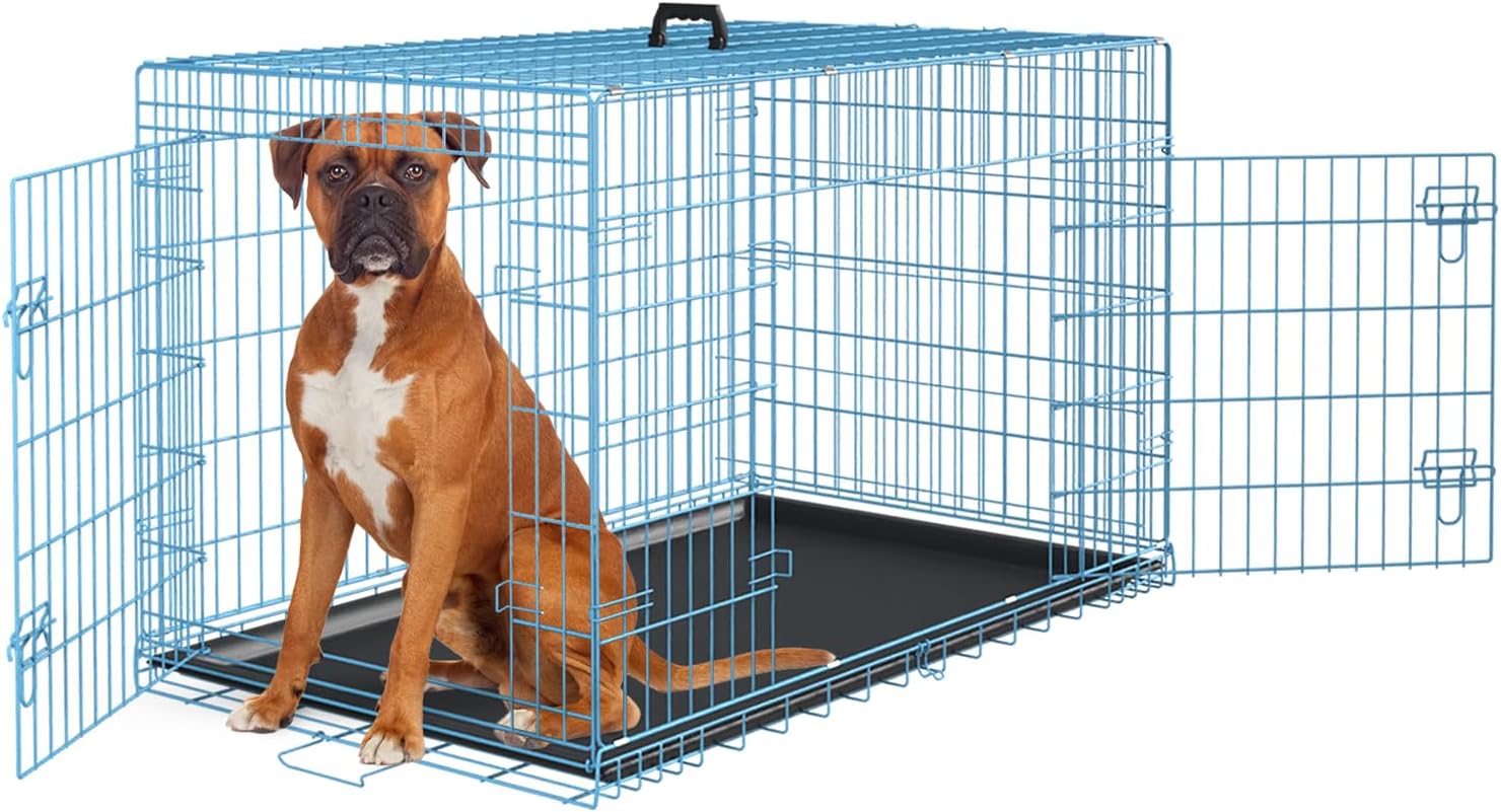 Jaula para perros de 36 pulgadas, plegable, grande, de alambre de metal, con bandeja divisor de doble puerta a prueba de fugas y asa para perro,