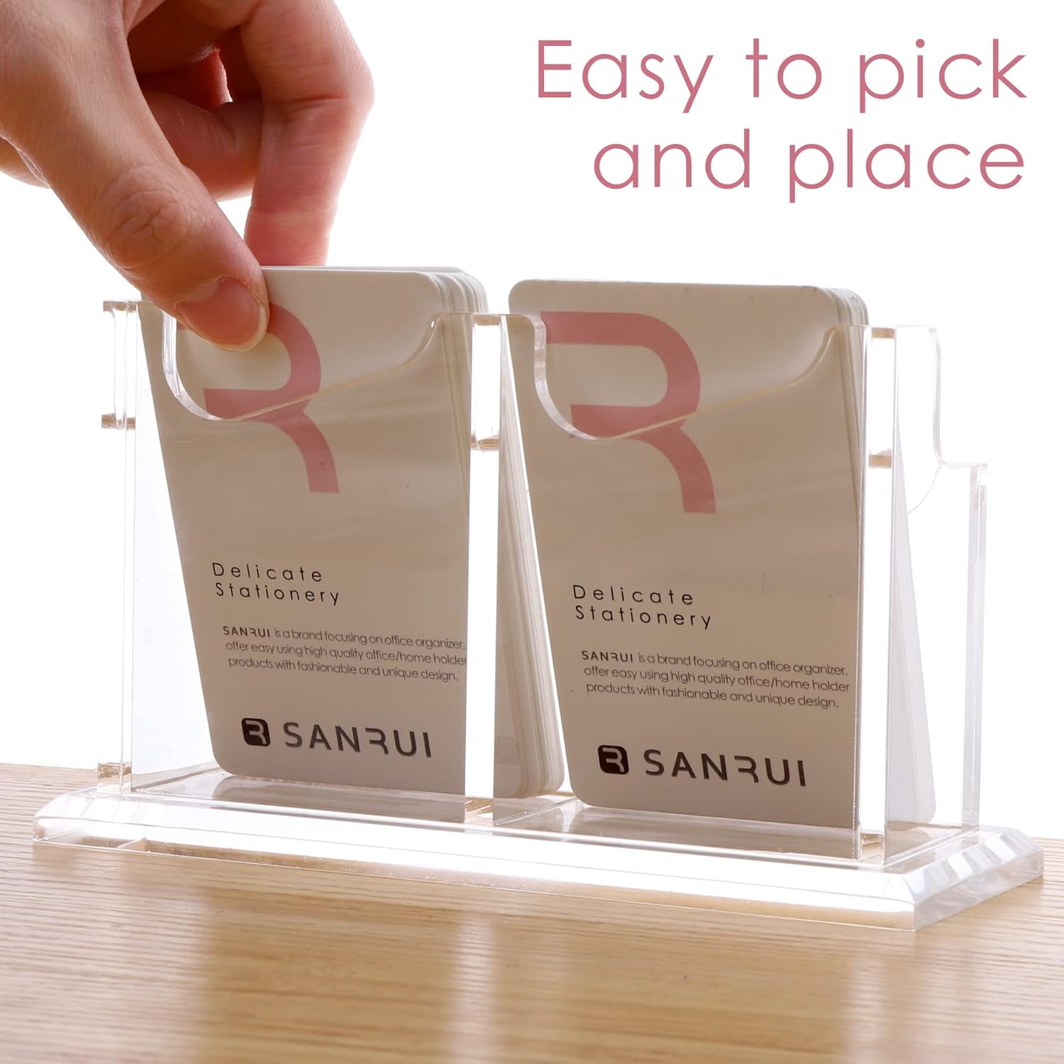 SANRUI Soporte vertical para tarjetas de visita para escritorio, soporte de acrílico transparente para tarjetas de presentación, 2 ranuras de 1