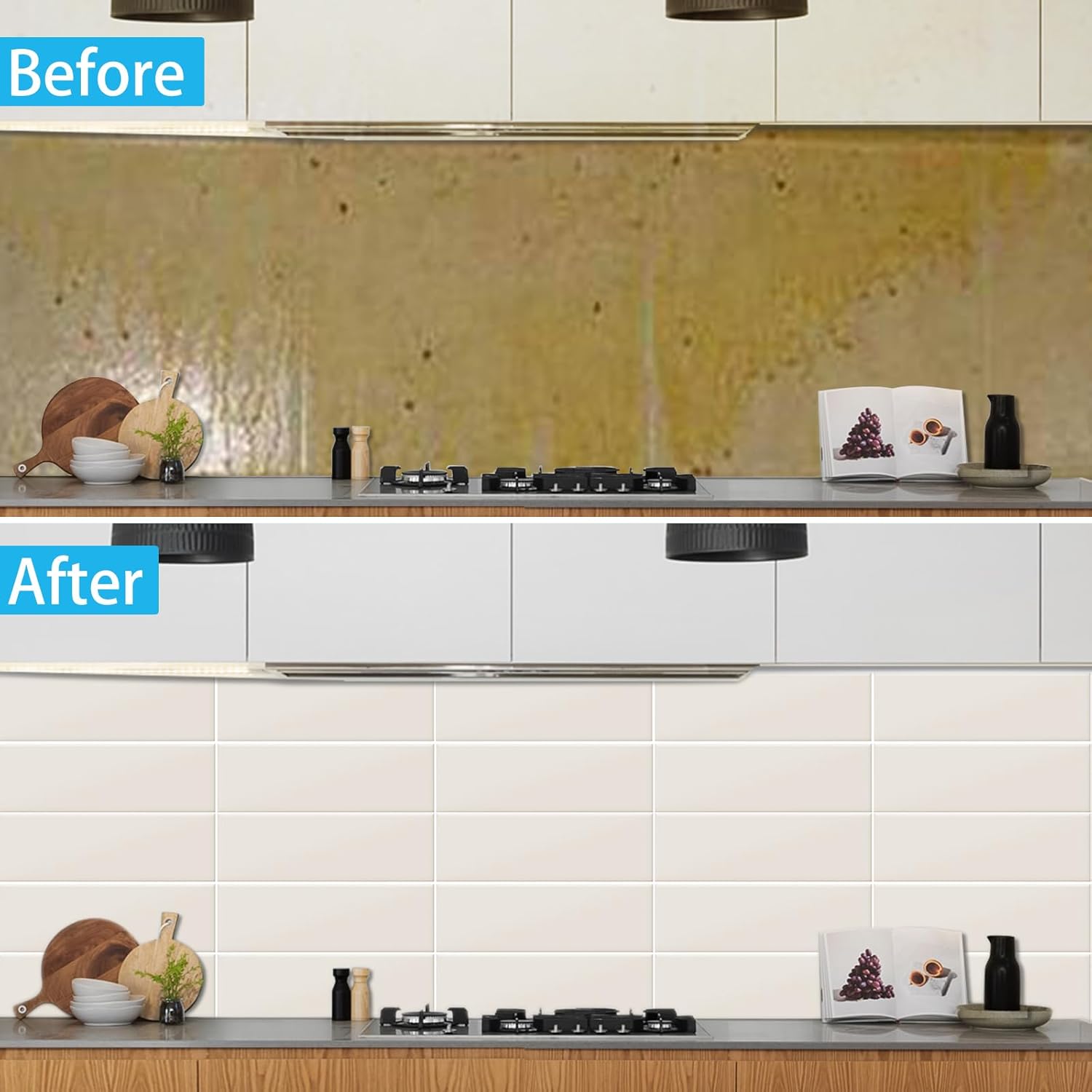 20 azulejos para despegar y pegar para salpicaduras de cocina, diseño más grueso de 12 x 4 pulgadas, azulejos de dedo beige de primera calidad,