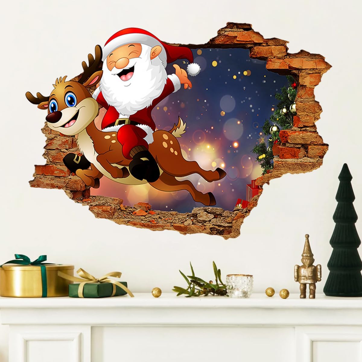 GGBOY Calcomanías de pared de Navidad 3D, calcomanías de pared de Navidad de renos de Papá Noel, removibles, calcomanías de pared de Navidad para