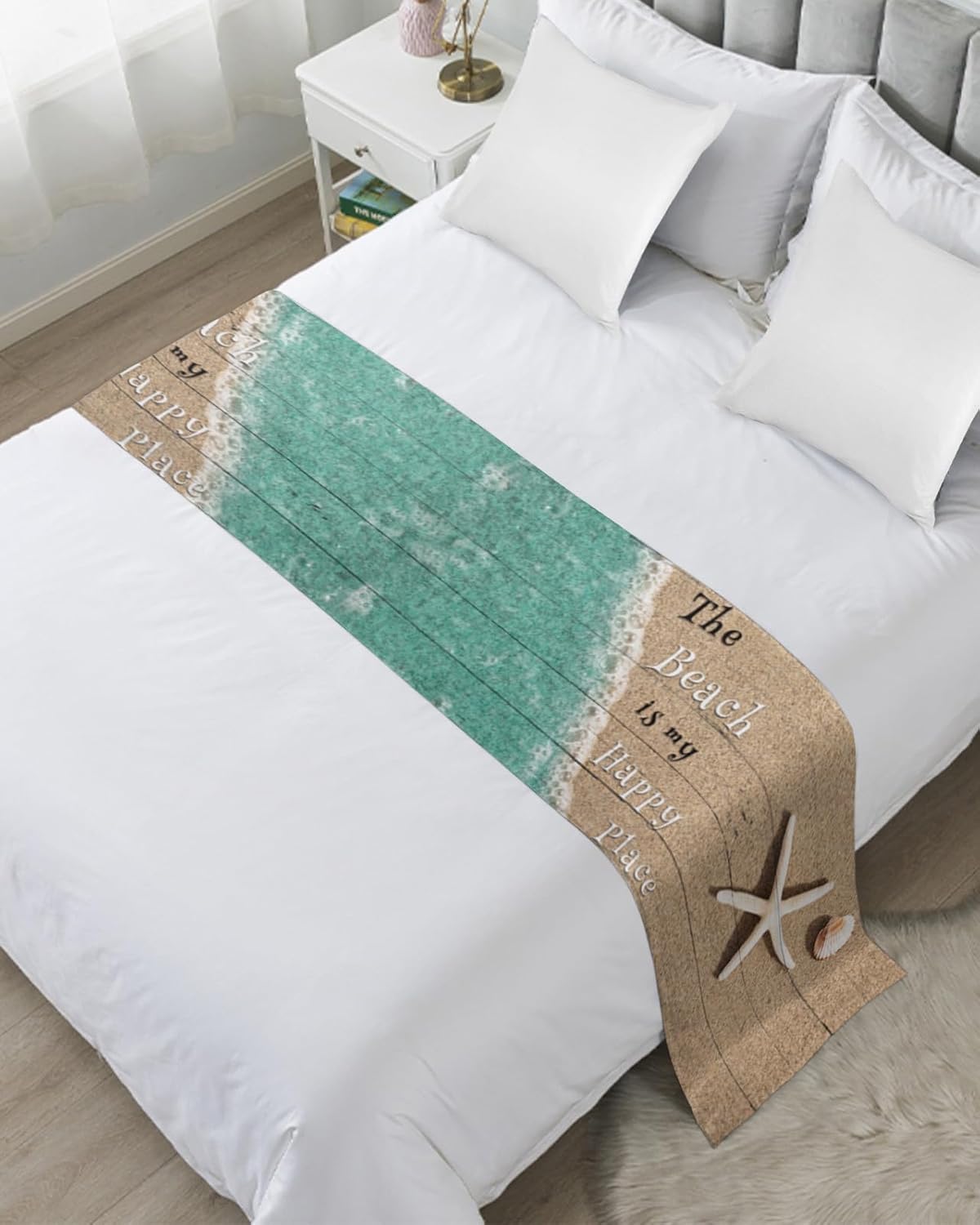ZFUNCING Caminos de cama con estrellas de mar y conchas del océano costero para dormitorio, hotel, decoración de ropa de cama con texto en inglés