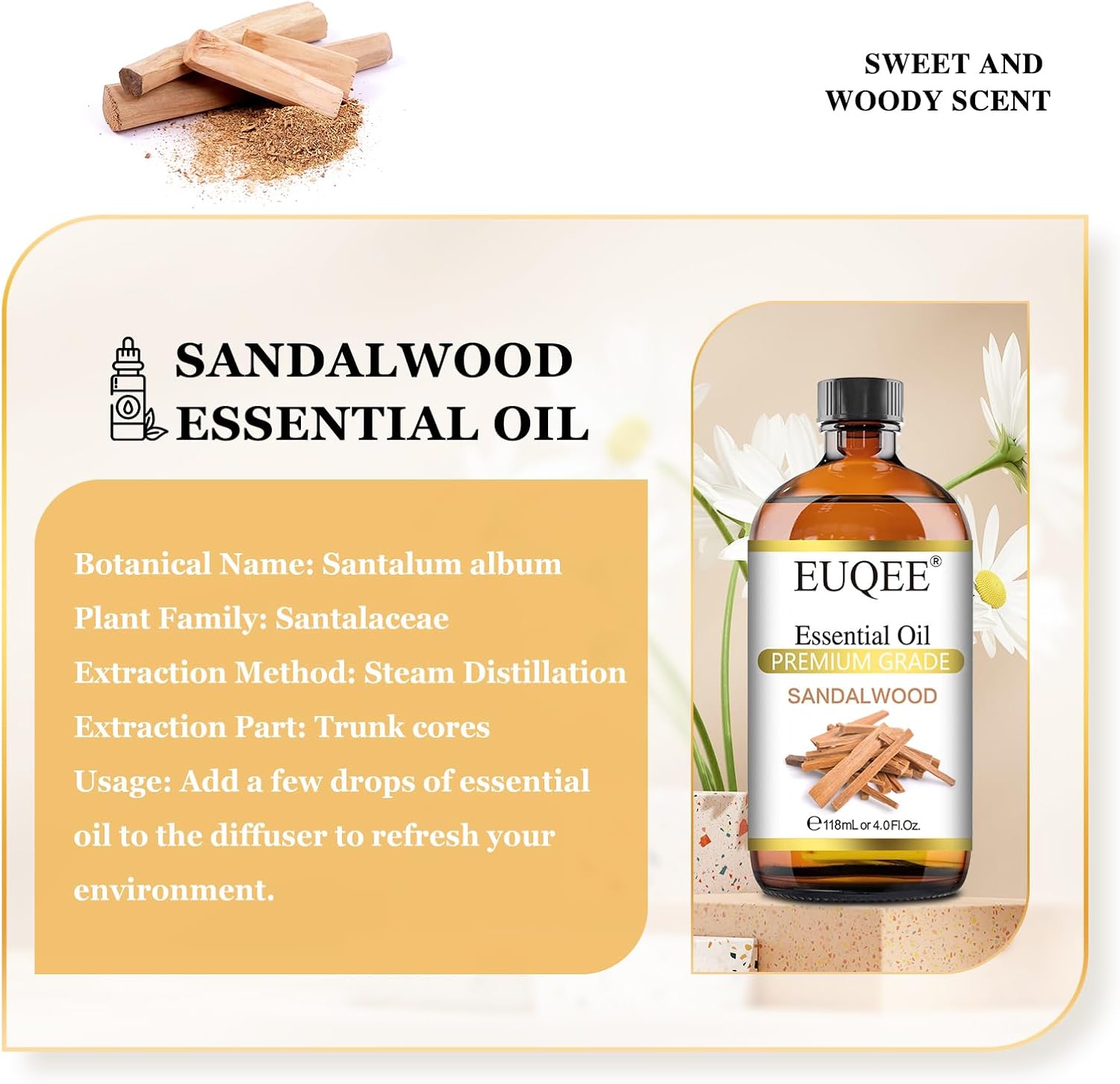 EUQEE Sandalwood Essential Oil(4 oz118 ml) Sandalwood Oil Oil with Glass Dropper, Great for Diffusers, Soap & Candle Making