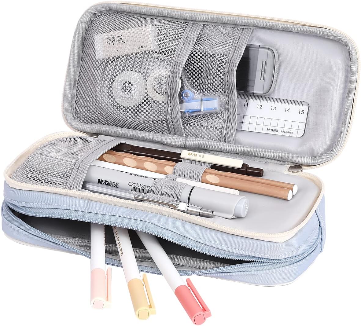 Estuche organizador pequeño con cremallera, estuche estético para lápices de luz, bolsa de lápices azul para hombres y mujeres