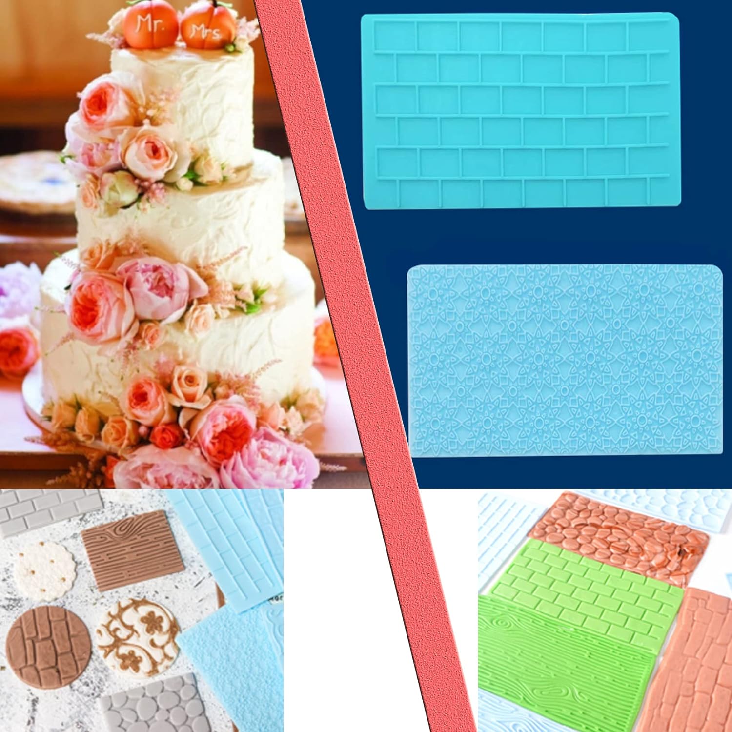 Juego de 6 alfombrillas de impresión de fondant, juego de moldes para decoración de tartas, corteza de árbol en relieve, diseño de textura de